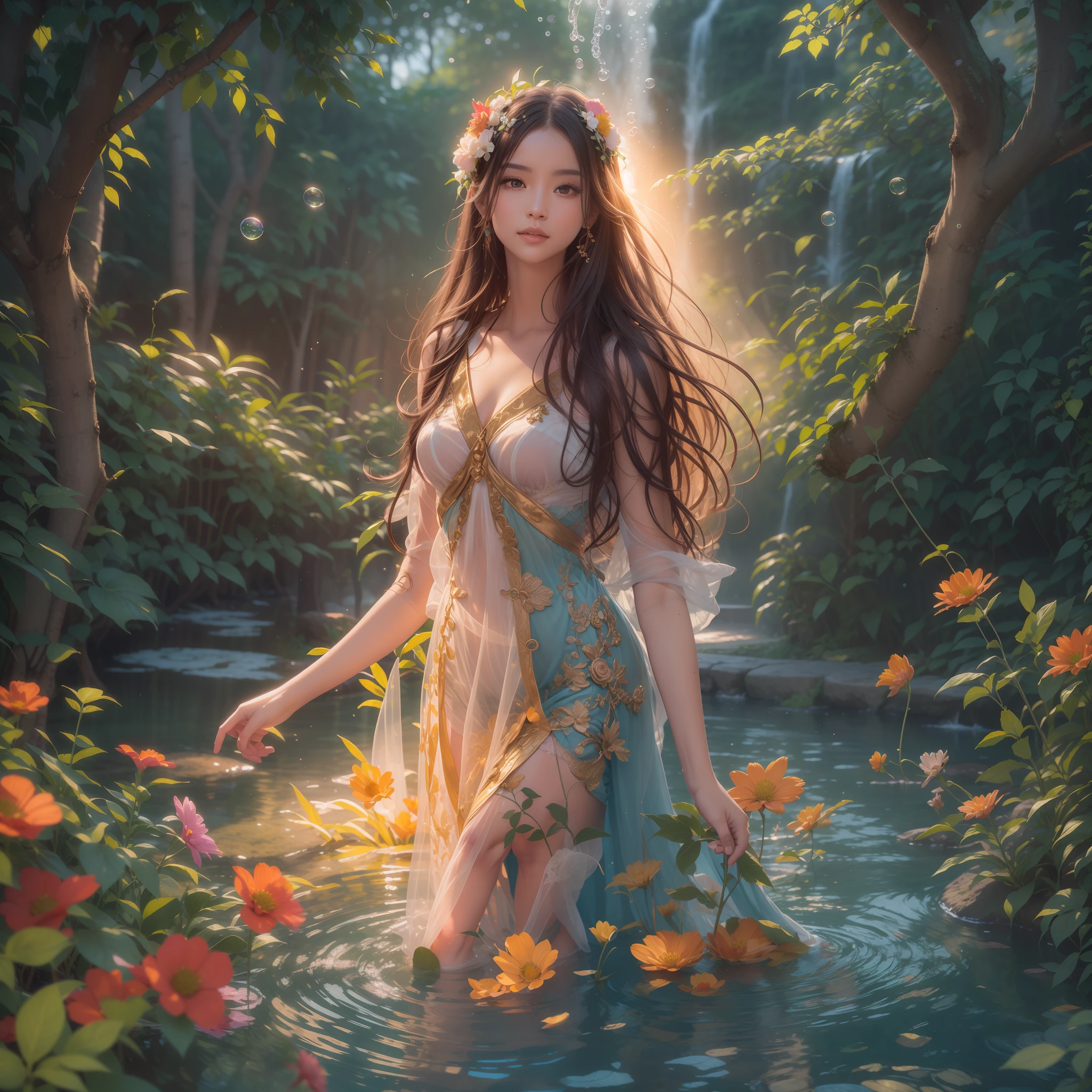 Sunset time, A beautiful woman with long hair adorned with fresh flowers is walking through a forest fountain in a light dress. She has a beautiful face and colorful, shining eyes. A forest spring overflowing with greenery. A small waterfall. A fantastic space with bubbles of water drifting around. She wears a costume of delicate and intricate design. Detailed drawings. Vivid colors. High image quality.