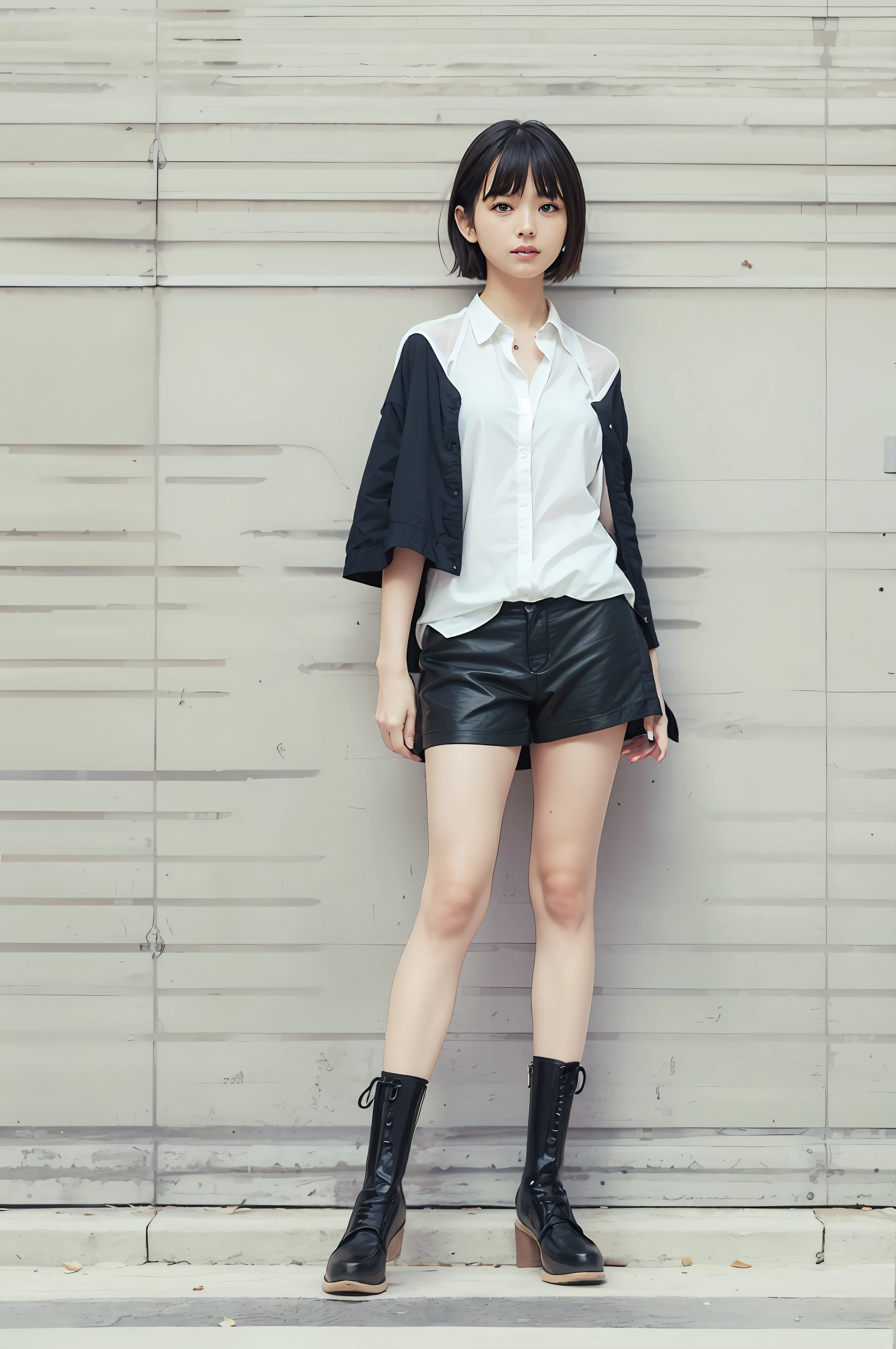 (hight resolution、masterpiece、8K:1.2)white backgrounid、One lady、gaze in front、de pele branca、(a pixie cut、short bangs、Black hair color:1.5)bustup、