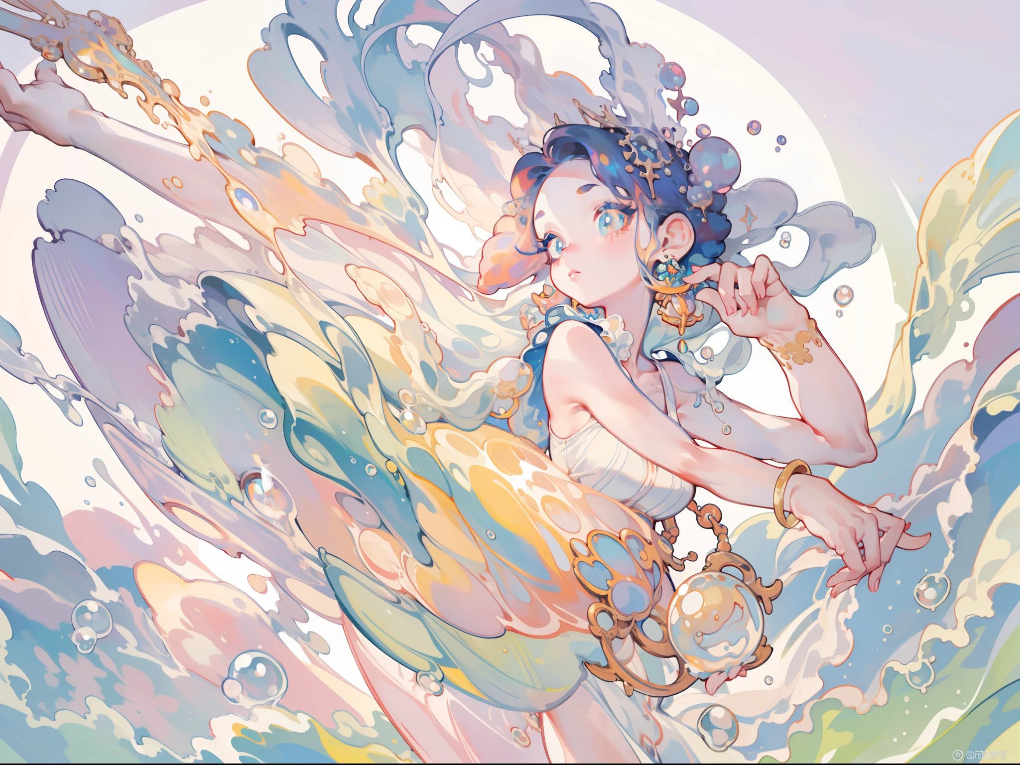 masterpiece, best quality, 8k resolution, sharp focus, intricate detail, beautiful girl, sparkling eyes, golden ratio face, otherworldly liquid, watercolor, sunset colors, bright colors, whimsical, colorful, sharp focus, high resolution, fine detail, liquid ballgown, ((round eyes)), iridescent bubbles