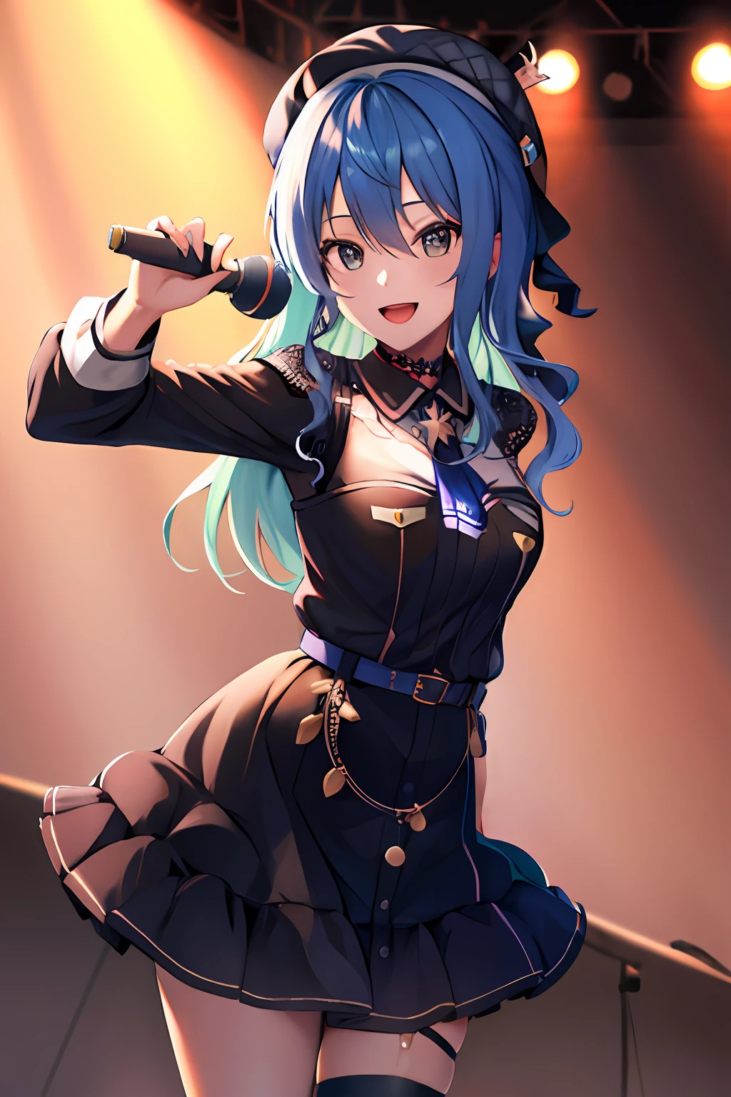 masterpiece, best quality, highres,sui2, 1girl, one side up, hoshimachi suisei,  hat, black thighhighs, suspender skirt, jewelry, necklace, long sleeves, large breasts, beret, turtleneck sweater, black sweater, cowboy shot, stage, holding microphone, singing, smile, open mouth, reaching out, outstretched arm,