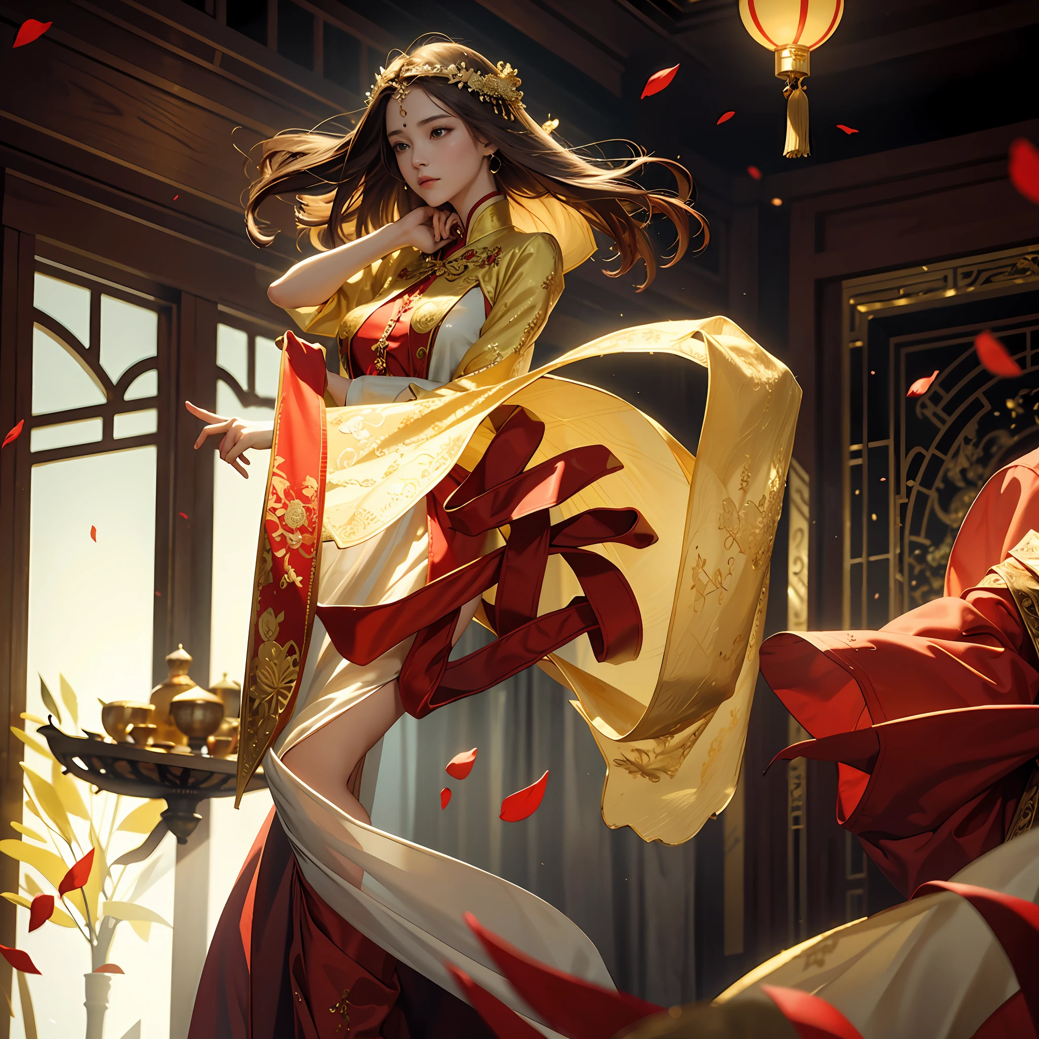 best quality, masterpiece, highres, (exquisite body:1.5),gorgeous face,(milky skin:1.3),intricate details,high resolution,wallpaper,
1girl, solo, dress, hair ornament, (((gold and red dress))), flowers, long hair, brown hair, closed mouth, jewelry, long sleeves, hand up, wide sleeves, big eyes,floating hair, chinese clothes, hanfu, embroidery, long skirt, natural pose, falling petals, indoor,fanning, lantern,
16K,HDR,highres,depth field,(film grain:1.1),boken,golden hour,(lens flare),vignette,rainbowing,(color grading:1.5)