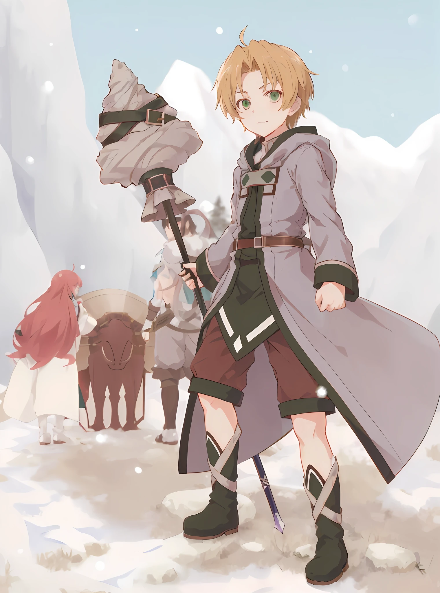 anime character with a sword and a hat in a snowy area, boromir in an anime world, mushoku tensei, art style of rune factory 5, anato finnstark!!, boromir in an 80\'s anime world, carrying a magical staff, anime in fantasy style, rune factory 5, zerochan, zerochan art