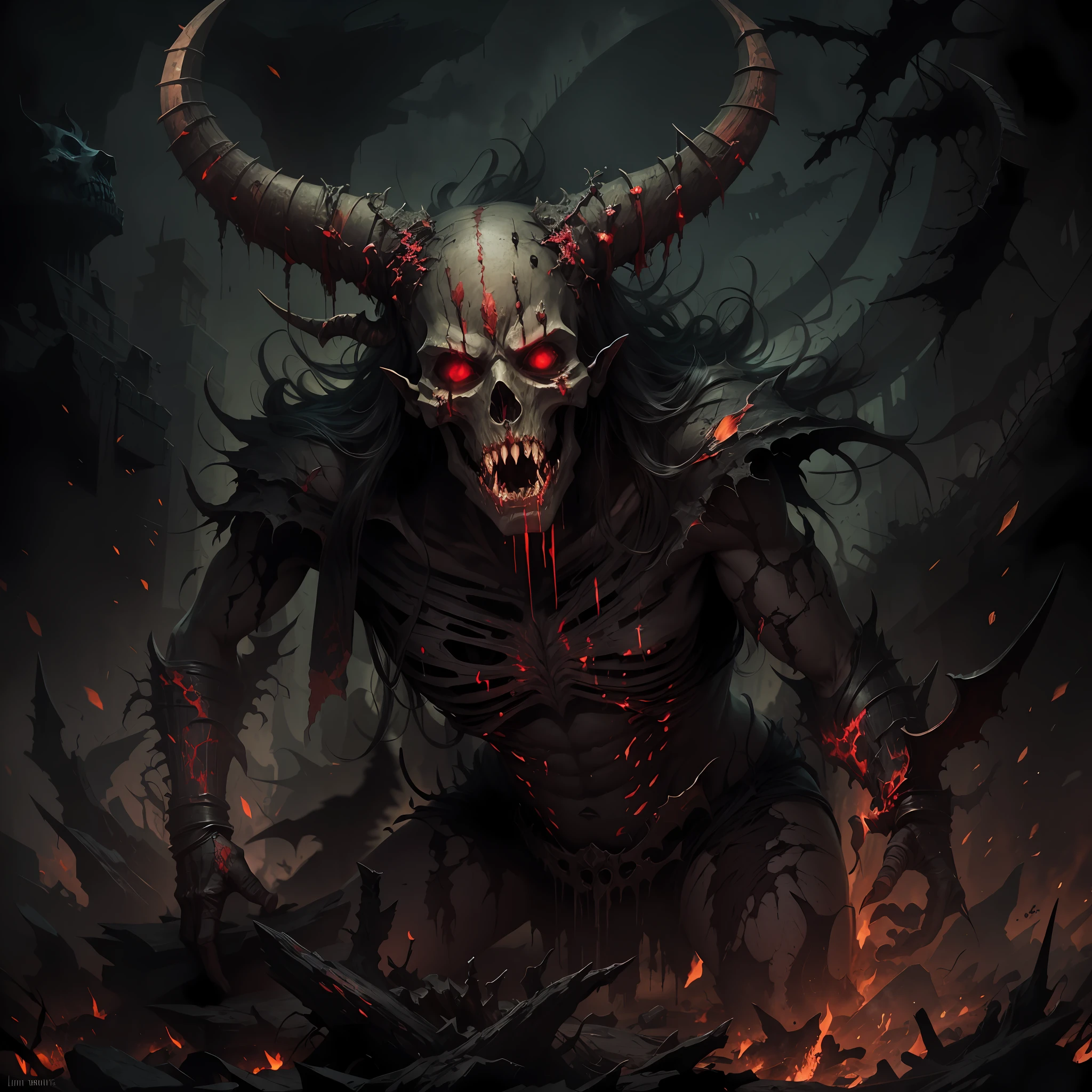 torn body, visible bones, bruised skin, faintly glowing eyes, horns, claws, fangs, those who cut through the darkness, those who rise from the dead, death and horror and apocalyptic atmosphere, professional artwork, rich colors,