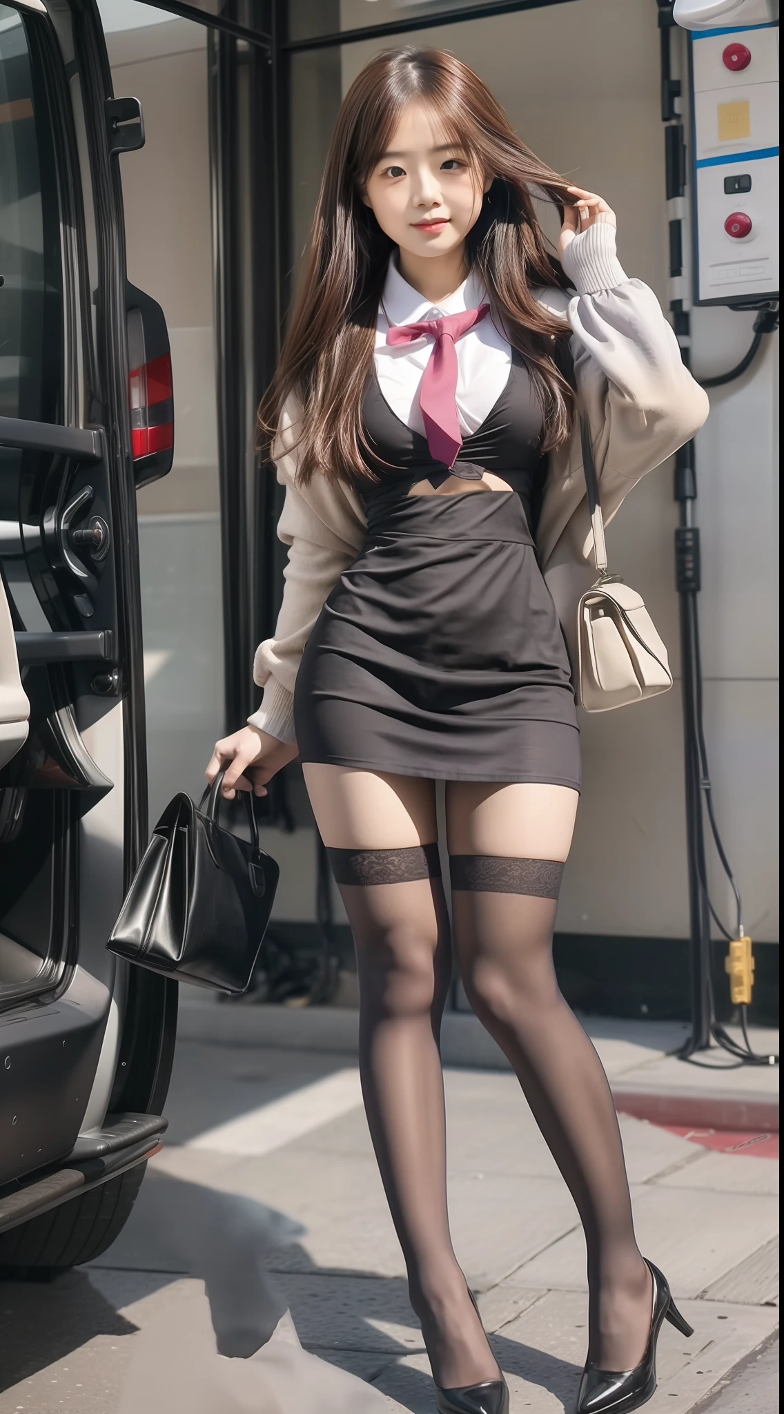 (Full body shot ：2), （Full Focus：1.3）, girlfriend,The reveal panties, The character wears a colorful office girl uniform dress, High-heeled leather shoes, long leges,, Heavy makeup, A shallow laugh, Must show your face, Must have stockings, Stocking tights, hyper HD, Ray traching, structurally correct, anatomy correct, Award-Awarded, High detail, Chiaroscuro, Cinematic lighting, Masterpiece, Super detail, High quality, High details, Best quality, 16k