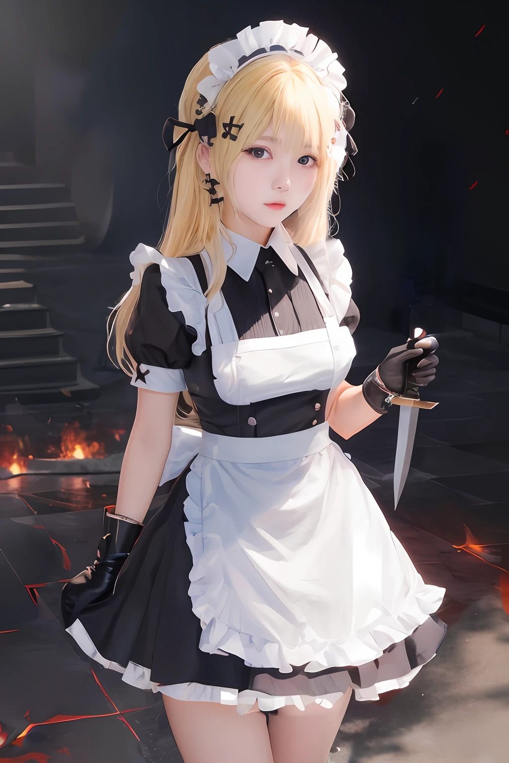 Messenger of Hell、karo、grey sky、Black、Killing、独奏、Very pretty European woman、40 years、deadpan、pinafore、Black leather gloves、Black miniskirt、blondehair、Blue eyes、doress、Maids、maid apronl、Maid hair ornament、White Short sleeve collar shirt、Ribbon Ties、Maid White Apron、独奏、Burning flames