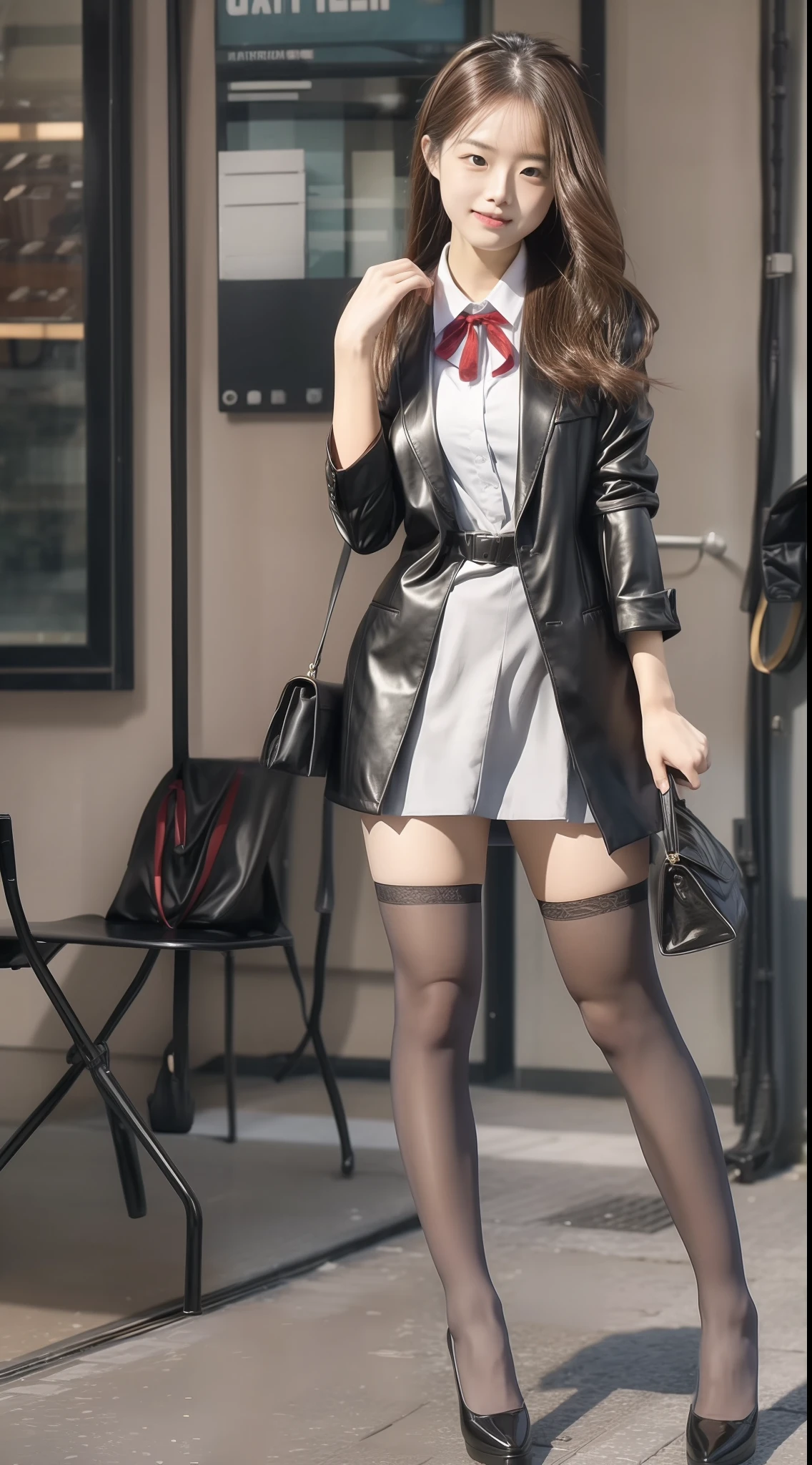 (Full body shot ：2), （Full Focus：1.3）, girlfriend,The reveal panties, The character wears a colorful office girl uniform dress, High-heeled leather shoes, long leges,, Heavy makeup, A shallow laugh, Must show your face, Must have stockings, Stocking tights, hyper HD, Ray traching, structurally correct, anatomy correct, Award-Awarded, High detail, Chiaroscuro, Cinematic lighting, Masterpiece, Super detail, High quality, High details, Best quality, 16k