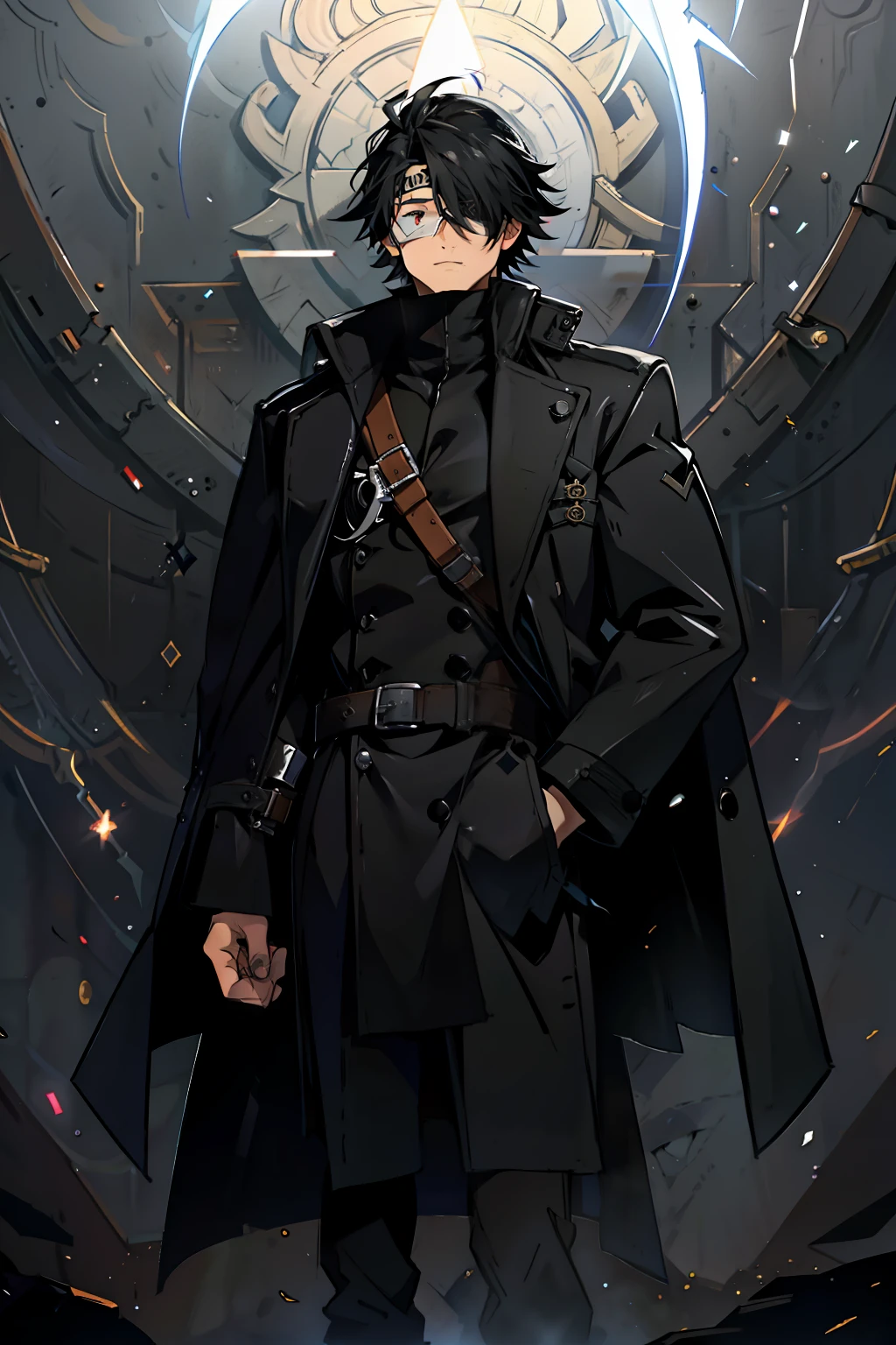 a guy wearing a black overcoat, short black hair, eye patch on left eye, thunder aura