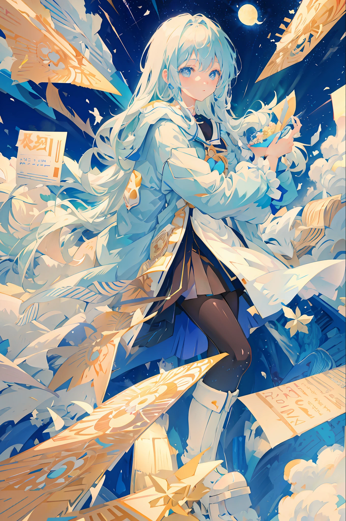 Blue and white double-haired anime girl, In the blue sky, anime wallpaper, 8K, high definition detail, number art, Pop style, light novel front cover, Detailed animation style, pixiv contest winner, pixiv daily ranking,magical girl,nipple play