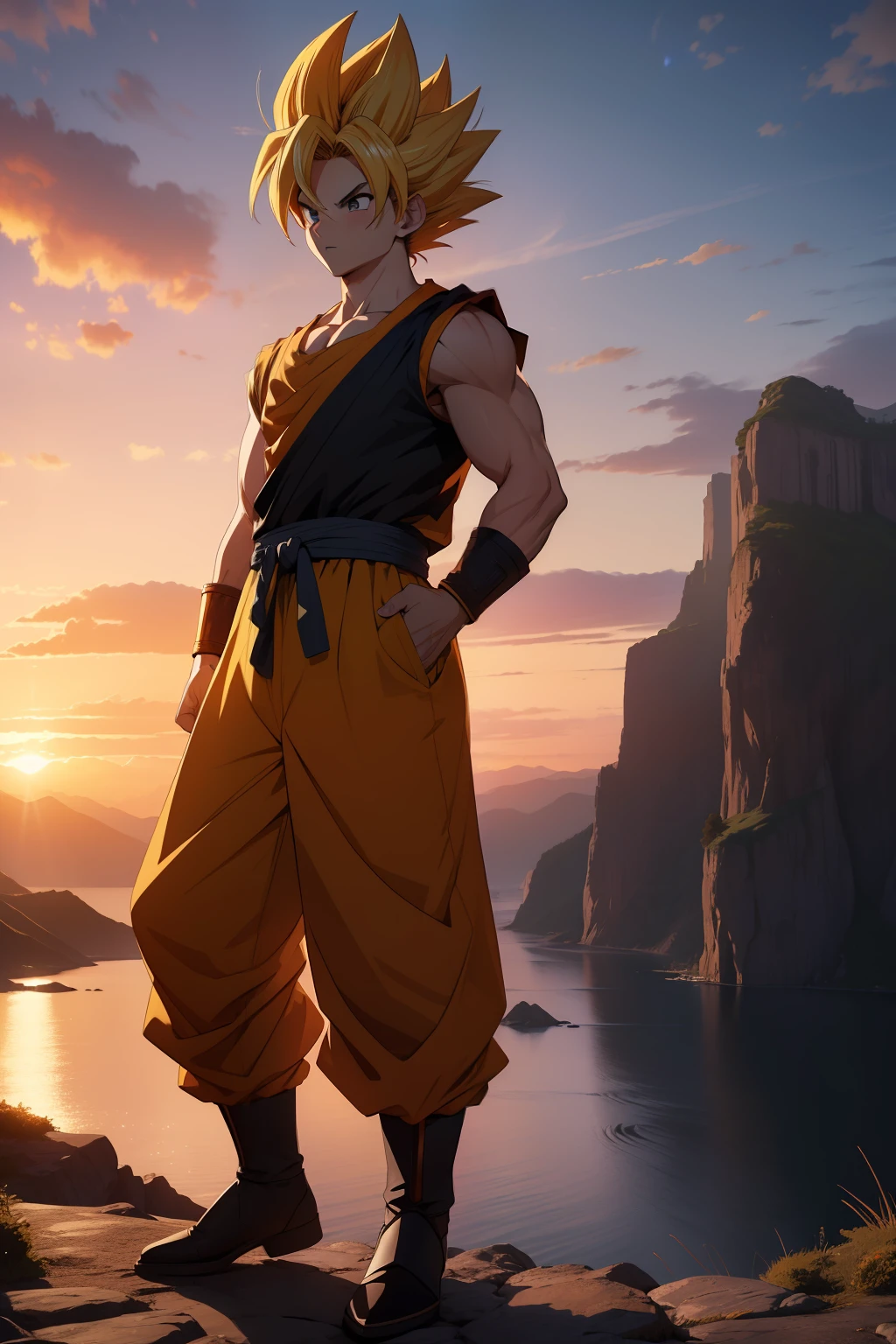 masterpiece, best quality, ultra-HD, photorealistic, cinematic, ultra-detailed, 8k resolution, Son Goku, 1 boy, super saiyan, blonde hair, full body view, from head to toe visibility, sunset, mountain, sea