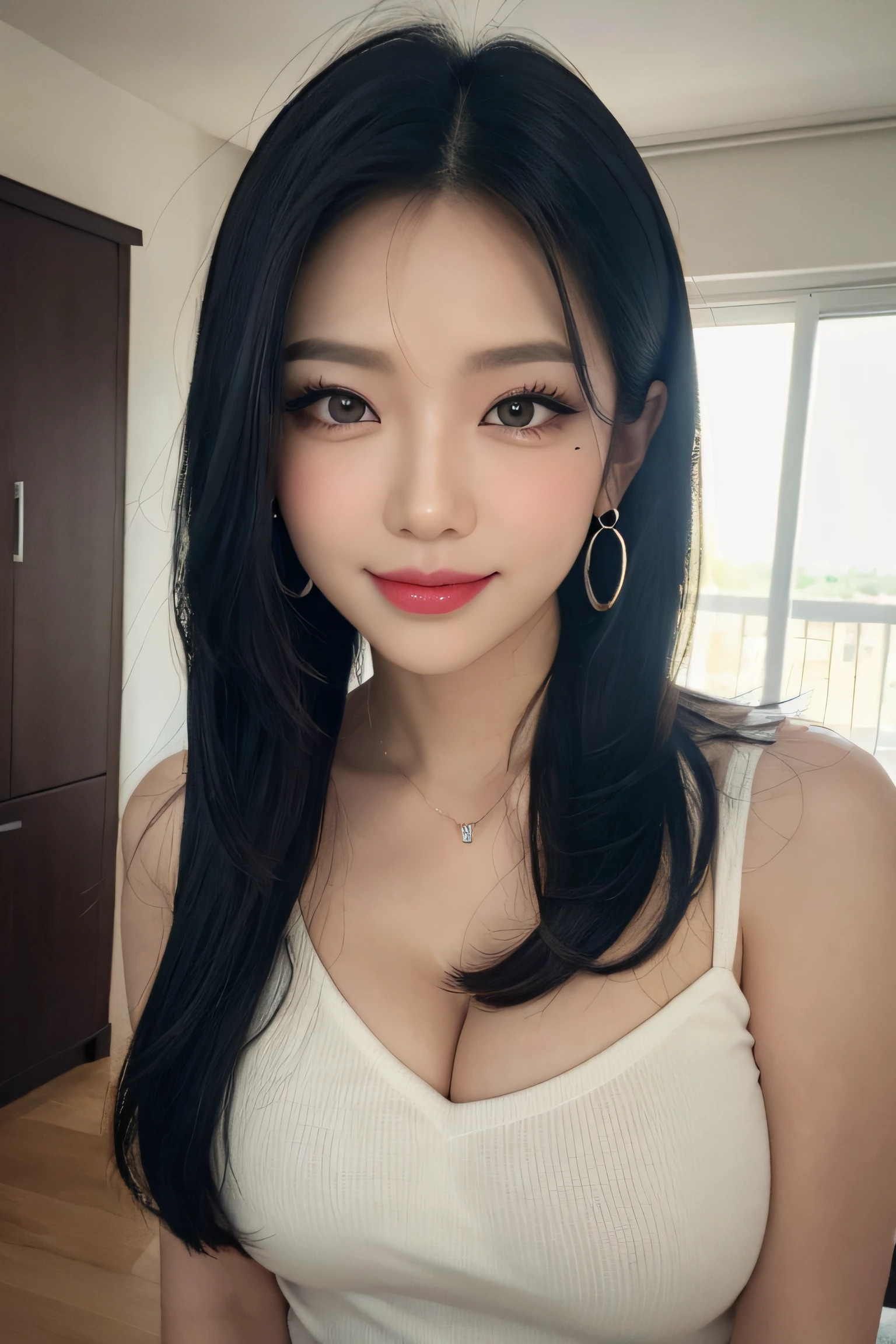 black hair, hair bobbles, longeyelashes, solid circle eyes, light smile, mole under eye, heart earrings, light smile, shy, puckered lips, Surrealism, drop shadow, stereogram, pov, atmospheric perspective, depth of field, first-person view, f/1.8, 8k, super detail, ccurate, best quality, highres, best quality,full body