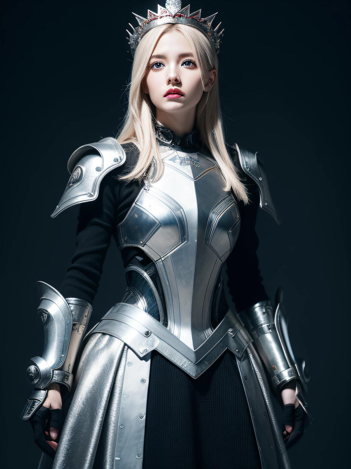 Masterpiece, Best quality, high resolution, 8K, Portrait, Realistic photo,（ Combine clothing with Korean fashion design），Digital photography, full bodyesbian, 1 18-year-old girl, (Cyborg), Beautiful blonde-pink gradient long hair, Blue eyes, Intricate, elegant, Highly detailed, The crown of evil, Black dress, ,Silver metal exoskeleton armor, Intricate knightly hollow armor,power armour, Openwork design, mechanical structure, Photo pose, Solemn,, Red lips, From the movie《Final Fantasy XV》.Metallic texture, oc rendered，Reflective texture, ((Clothing cutting)), ((Set against the backdrop of the castle and the giant Moster))