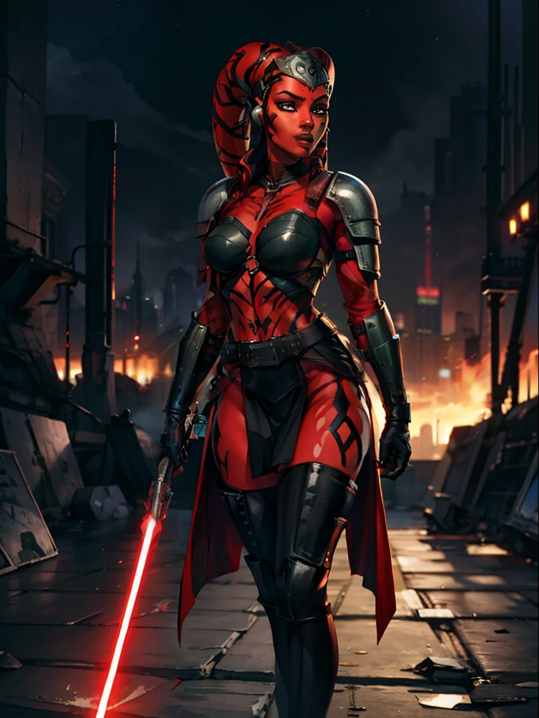 (best quality, masterpiece, highly detailed), 1girl, (red skin), badass Twi'lek, Sith, suit of armor, black leather, pelvic curtain, loincloth, long skirts, battle armor, body armor, long sleeves, skirts, tight black leggings, long boots, black leather, buckles, straps, Star Wars, lekku markings, Imperial city,
