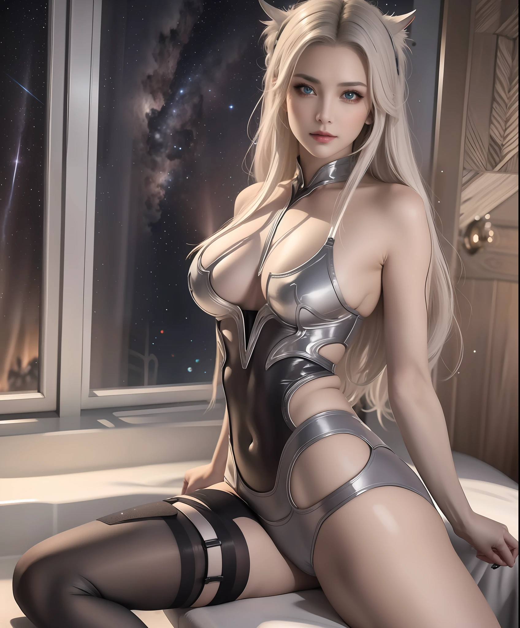 Realistic professional photos with super detail，full-shot，full bodyesbian，Straight lens，one-girl，Silver hair，eBlue eyes，long whitr hair，big round breasts，afloat，Sit Pose，Staring straight ahead，spread their legs，Sexual position，Bite your finger，is shy，stooped，Cock your ass，Rounded ass，Straight ass，（pantyless），power pose，The halo，succubi，Satisfied eyes，Looking into the distance，Stand under the stars，The attention to detail，The background is a comet and a nebula，light stre，cinmatic lighting，Side lighting，Dark and detailed galactic background，8K， 4K， （k hd： 1.1）， best qualtiy （tmasterpiece： 1.3），Shameful clothes，Photos of the bath，