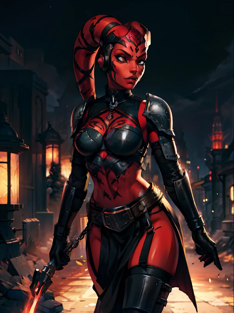 (best quality, masterpiece, highly detailed), 1girl, (red skin), badass Twi'lek, Sith, suit of armor, black leather, pelvic curtain, loincloth, long skirts, battle armor, body armor, long sleeves, skirts, tight black leggings, long boots, black leather, buckles, straps, Star Wars, lekku markings, Imperial city,
