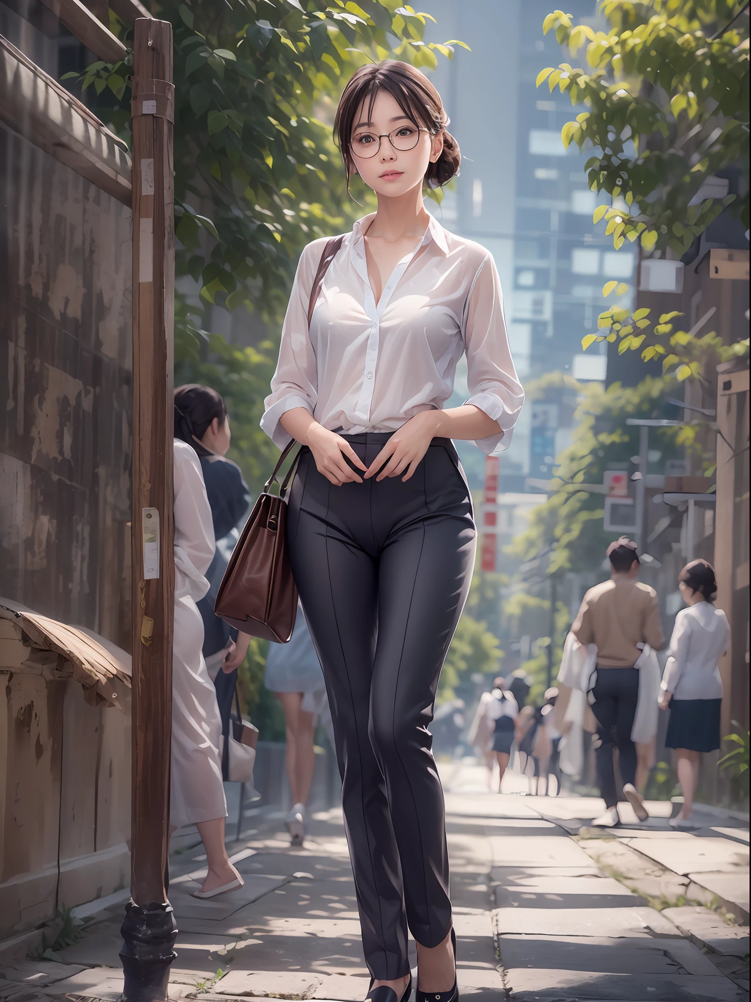 Delicate masterpiece, beautiful details, fine details, 8k, 1lady, solo, midsummer on the way to work, Walking, shoulder bag, realistic Japanese office lady in realistic ladies suit, chignon hair, white shirt with top 3 buttons open, She wears pretty underwear. white shirt wet with sweat and close to skin, realistic underwear and human skin a little transparent, beautiful face like a realistic and realistic looking actress with a hint of beautiful, round glasses, Natural smile, crevasse