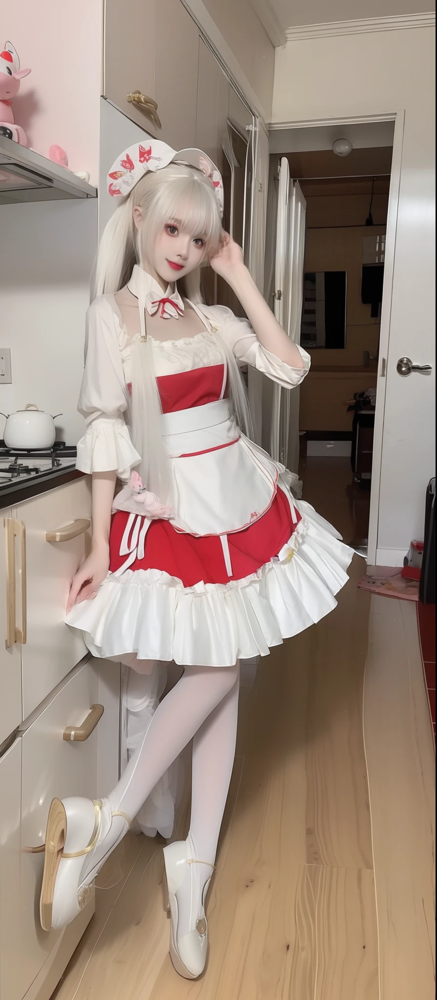 Photos of th3r0ck as a playful maid,1girll,red apron,amazing body,pronounced feminine features,plumw,kitchens,Long white hair,Flirt with long legs with a camera,high-heels,blackstockings