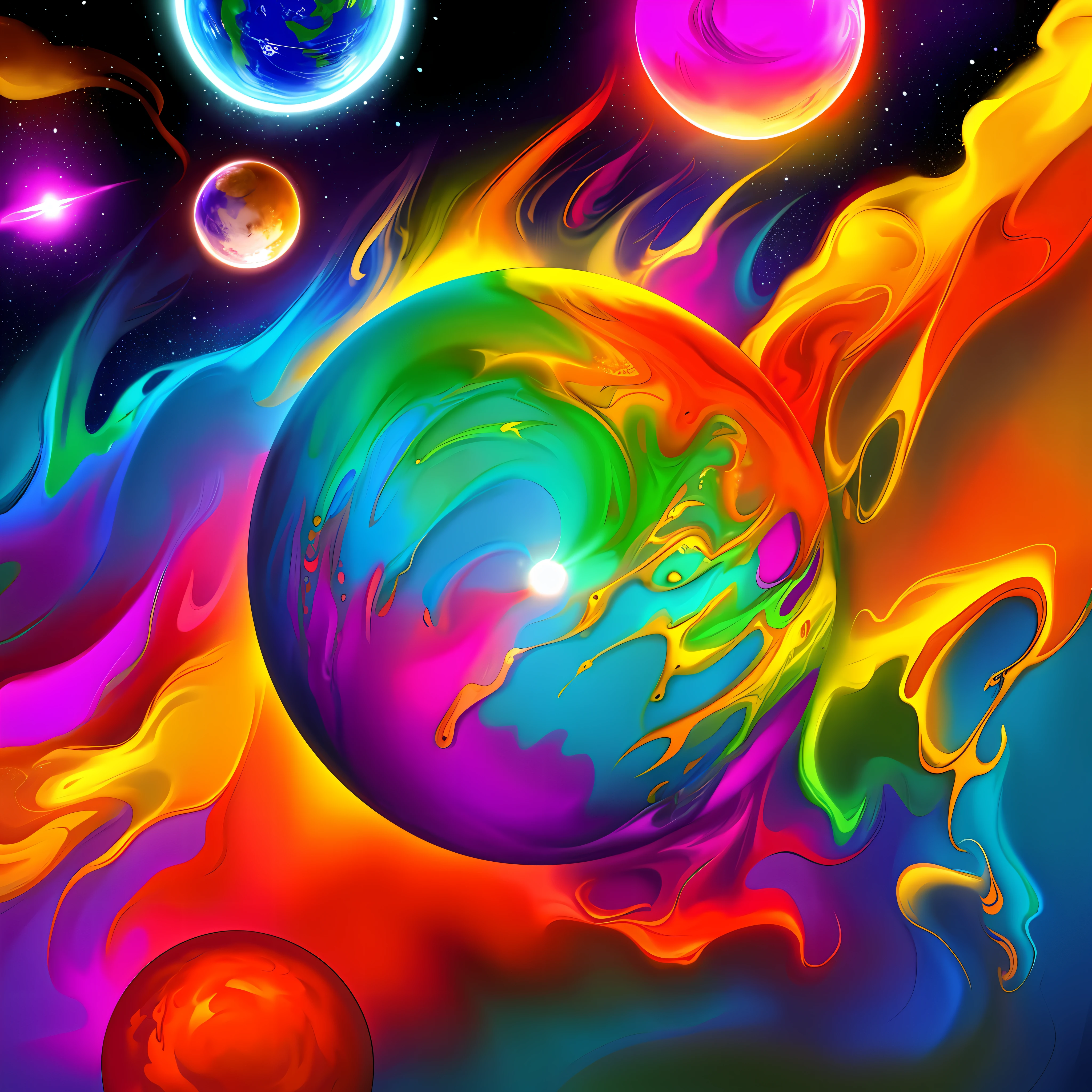 painting of a colorful picture of a sun and planets in the sky, lush and colorful eclipse, cosmic cataclysm, celestial cosmos, jen bartel, space backdrop, cosmic space, celestial collision, space art, cosmos backdrop, stellar space, swirling fire flames cosmos, cosmic background, planets crashing, birth of the universe, exploding planet in background vibrant and bold pop art with high contrast colors, dynamic composition, and exaggerated details