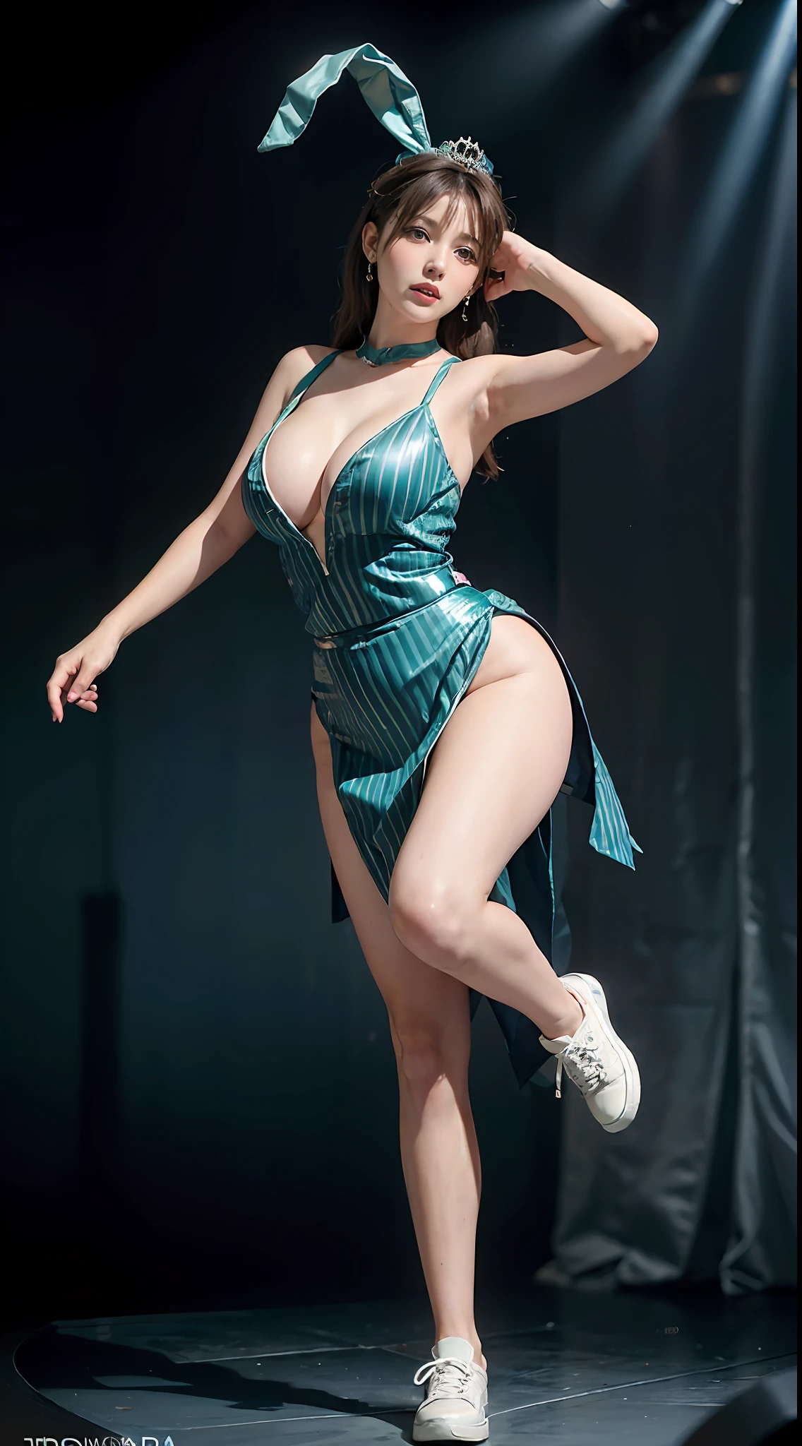 Surrealist women by David Hockney and Alphonse Mucha,Fantasyart,photographrealistic,动态照明,art stations,poster for,huge tit!torches,torchan,Stage,perform,theater,Volumetriclighting,Tall beauty,body high,Very detailed faces,4 k'',1girll,Stage,low tune,facial closeups,(Blue-green striped ballet costume,short transparent dress,Superskirt,Bunny Girl tiara,White sneakers,cleavage:1.4), updo hair,lots of people,Redlip,ssmile,low chest,deep v big breasts,huge tit,Raised sexy,Bigchest,Large breasts,Breast swelling,Raised chest,blackstockings,Breasts are plump,crisp breasts,A plump chest,the breasts are large,Seductive expressions,Wear earrings,The skirt floated,Hair flowing up,Fairy under fan,wearing a choker,Wear a bracelet,The stands up,standing on your feet,long leges,blackstockings,Wet all over,Moisturizes the whole body,huge tit,Red lips,Curvy beauty,Female beauty,stocklings,gigantic cleavage breasts,black lence stockings,slenderlegs,Hot dance,ballet dance,Ballerina,full bodyesbian,beautifullegs,Dance,gracefulness,soft,softness,samba,samba,Noble,Rich,largeeyes,eye shadows,Long legs,beautifullegs,Thin leg,split,splitting legs,Dance,Dancer,split,Aerial capture,Jump up,Suspended in the air,Dancing in the air,The legs are long,Skirt bottom,Curvy beauty,Kicking