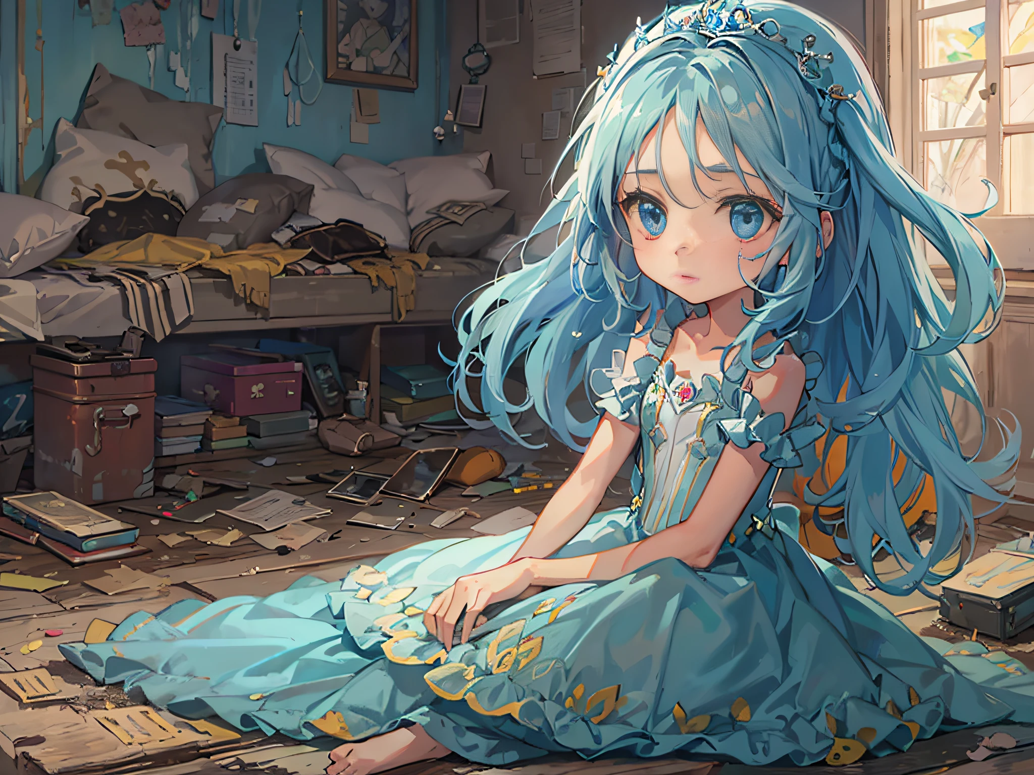 A 5-year-old girl hand,Long blue hair and blue eyes,Expression of grievance,In a dilapidated room,Wearing a princess dress
