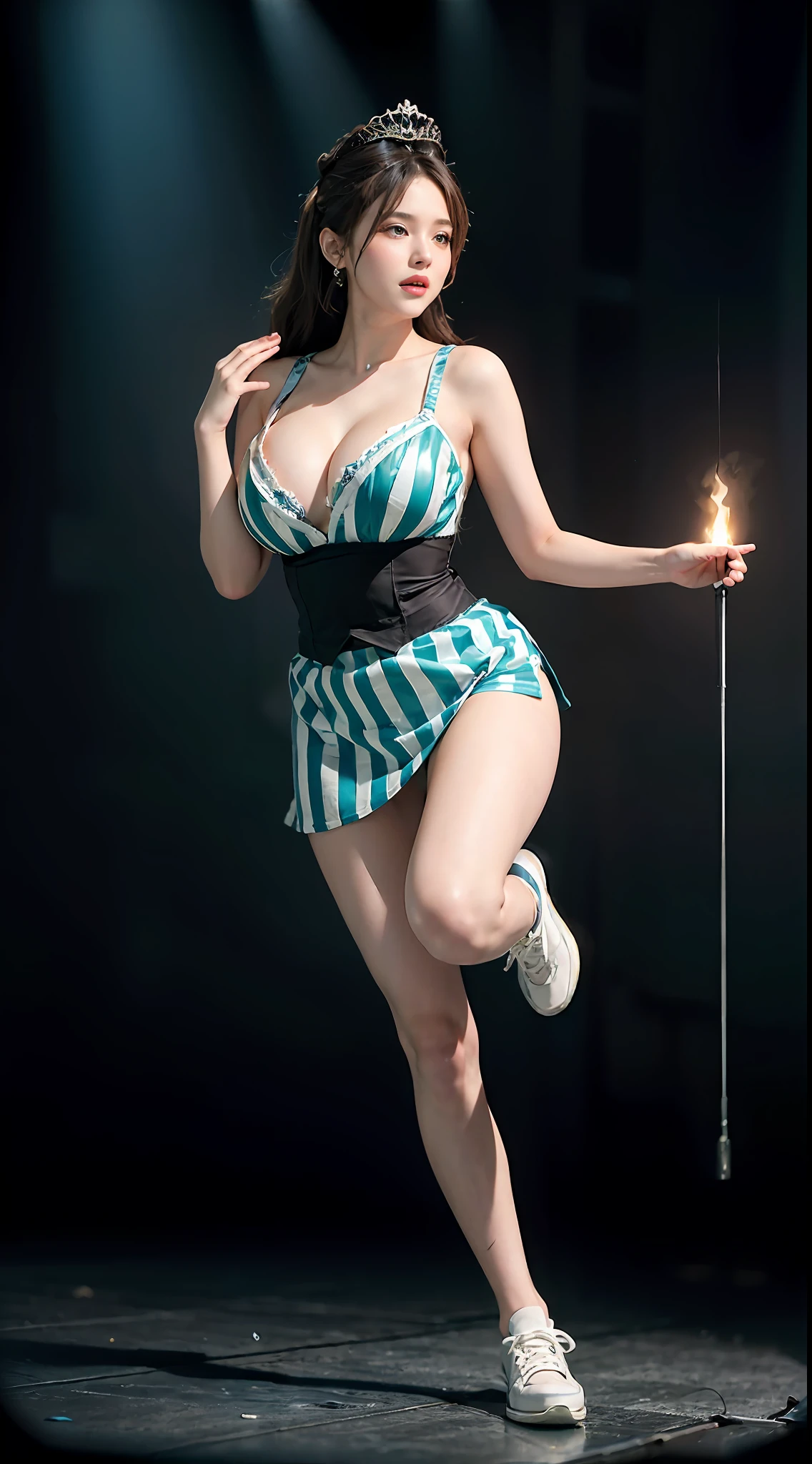 Surrealist women by David Hockney and Alphonse Mucha,Fantasyart,photographrealistic,动态照明,art stations,poster for,huge tit!torches,torchan,Stage,perform,theater,Volumetriclighting,Tall beauty,body high,Very detailed faces,4 k'',1girll,Stage,low tune,facial closeups,(Blue-green striped ballet costume,short transparent dress,Superskirt,Bunny Girl tiara,White sneakers,cleavage:1.4), updo hair,lots of people,Redlip,ssmile,low chest,deep v big breasts,huge tit,Raised sexy,Bigchest,Large breasts,Breast swelling,Raised chest,blackstockings,Breasts are plump,crisp breasts,A plump chest,the breasts are large,Seductive expressions,Wear earrings,The skirt floated,Hair flowing up,Fairy under fan,wearing a choker,Wear a bracelet,The stands up,standing on your feet,long leges,blackstockings,Wet all over,Moisturizes the whole body,huge tit,Red lips,Curvy beauty,Female beauty,stocklings,gigantic cleavage breasts,black lence stockings,slenderlegs,Hot dance,ballet dance,Ballerina,full bodyesbian,beautifullegs,Dance,gracefulness,soft,softness,samba,samba,Noble,Rich,largeeyes,eye shadows,Long legs,beautifullegs,Thin leg,split,splitting legs,Dance,Dancer,split,Aerial capture,Jump up,Suspended in the air,Dancing in the air,The legs are long,Skirt bottom,Curvy beauty,Kicking