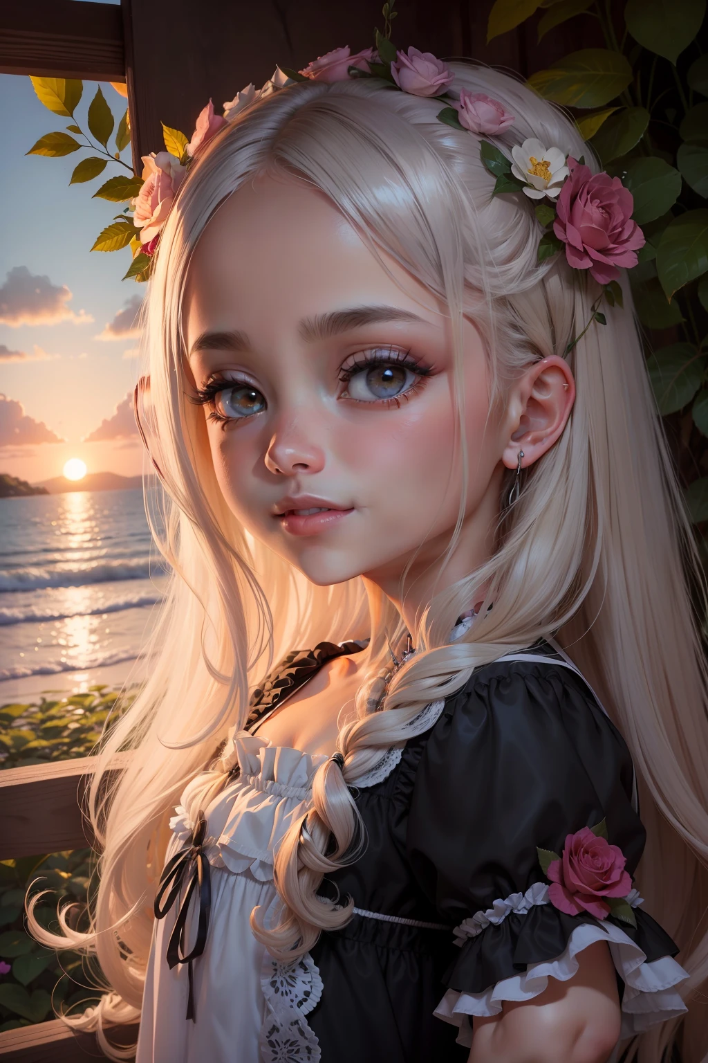 Linda garotinha de 2 anos, feliz e sorridente, com cabelos longos ruivos com lindas mechas douradas e levemente ondulados, de pele branca com um leve tom rosado, com olhos castanhos esverdeados, retrato detalhado,, passeando na floresta, segurando uma linda cesta de rosas, em um campo de muitas flores sortidas e arvores variadas ao redor, uma cascata de aguas cristalinas, and a shower of rose petals, com muitas borboletas e beija-flores voando, omplexidade intrincada, rule of thirds, Sunset, Tinta escura, luminescente, Artistic Station, arte conceitual, Arte Nova, Ilustrativos, Smooth and sharp focus Highly detailed, maximalista e realista.