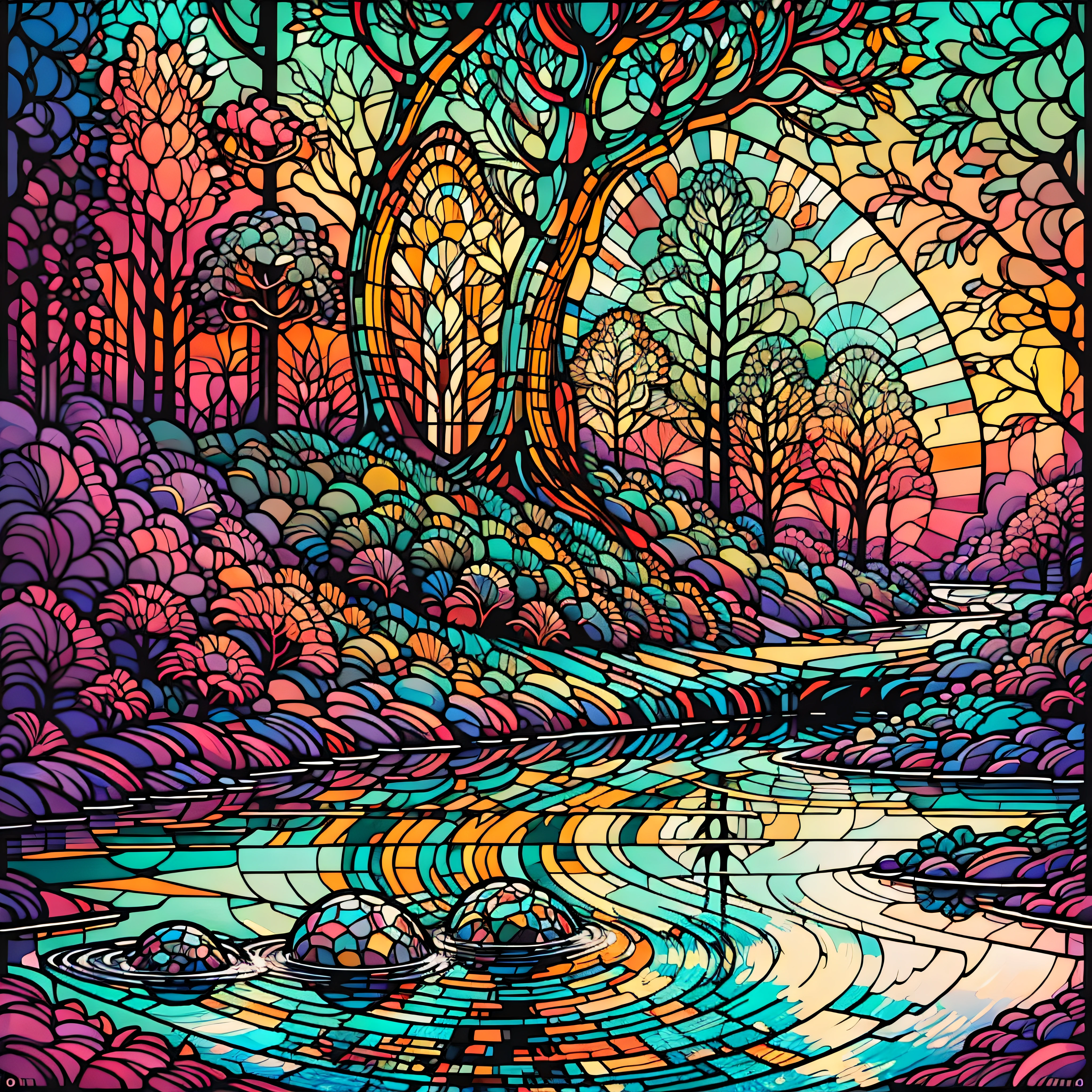 "uma pintura digital hipnotizante capturando a beleza serena de uma floresta dentro de uma bola de cristal cativante, where the crystalline surface reflects the shimmering river, Texturas intrincadas de rochas, and the majestic presence of towering trees."