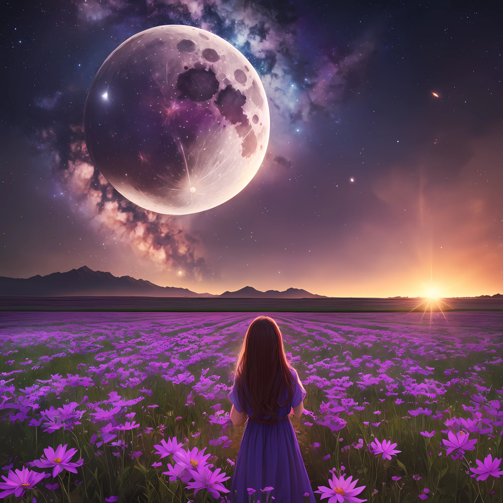 expansive landscape photograph , (a view from below that shows sky above and open field below), a girl standing on flower field looking up, (full moon:1.2), ( shooting stars:0.9), (nebula:1.3), distant mountain, tree BREAK
production art, (warm light source:1.2), (Firefly:1.2), lamp, lot of purple and orange, intricate details, volumetric lighting BREAK
(masterpiece:1.2), (best quality), 4k, ultra-detailed, (dynamic composition:1.4), highly detailed, colorful details,( iridescent colors:1.2), (glowing lighting, atmospheric lighting), dreamy, magical, (solo:1.2) --auto --s2