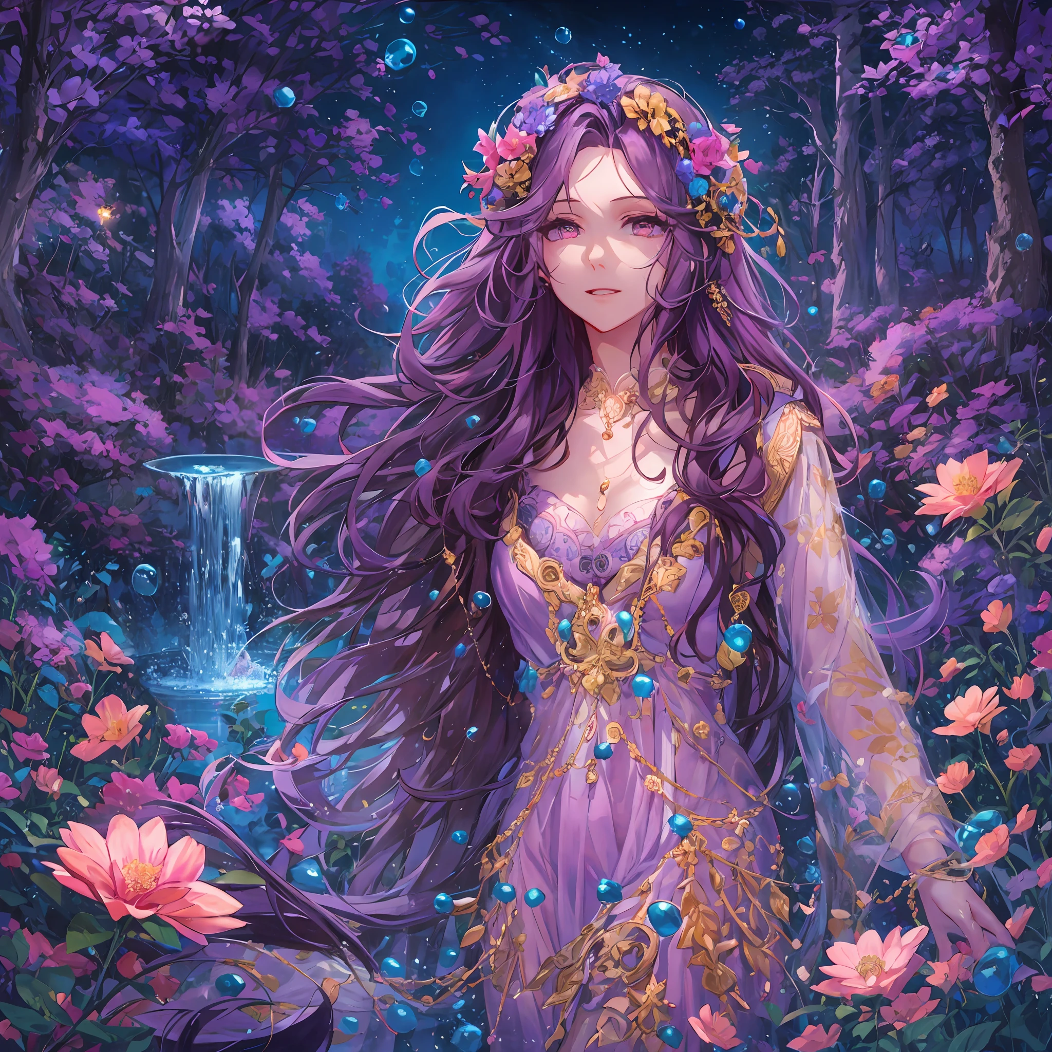 moonlight, twilight, A beautiful woman with long hair adorned with fresh flowers is walking through a forest fountain in a light dress. She has a beautiful face and colorful, shining eyes. A forest spring overflowing with greenery. A small waterfall. A fantastic space with bubbles of water drifting around. She wears a costume of delicate and intricate design. Detailed drawings. Vivid colors. High image quality.