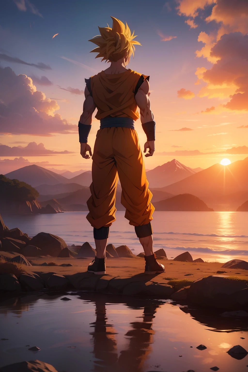 masterpiece, best quality, ultra-HD, photorealistic, cinematic, ultra-detailed, 8k resolution, Son Goku, 1 boy, super saiyan, blonde hair, full body view, from head to toe visibility, sunset, mountain, sea