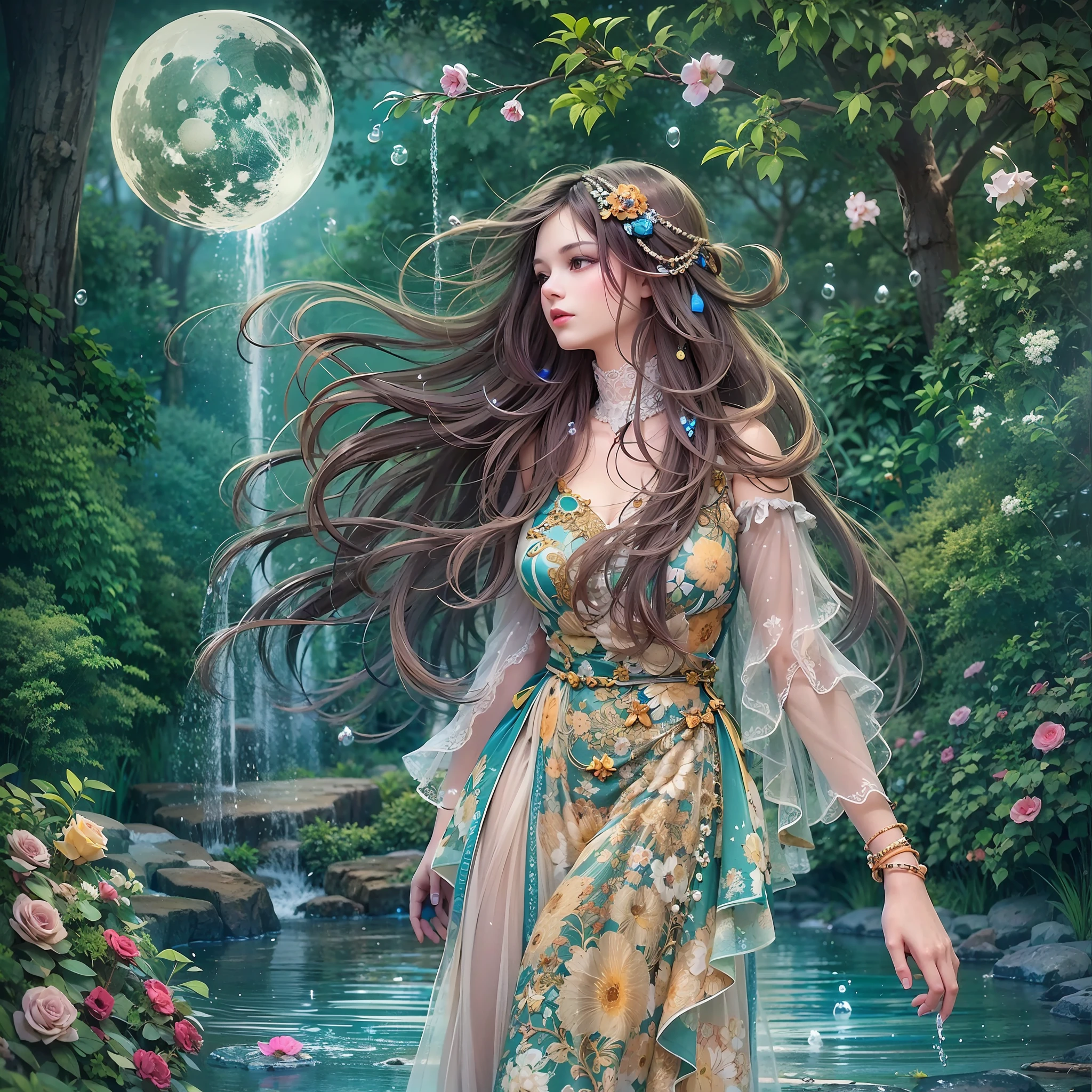 moonlight, twilight, A beautiful woman with long hair adorned with fresh flowers is walking through a forest fountain in a light dress. She has a beautiful face and colorful, shining eyes. A forest spring overflowing with greenery. A small waterfall. A fantastic space with bubbles of water drifting around. She wears a costume of delicate and intricate design. Detailed drawings. Vivid colors. High image quality.