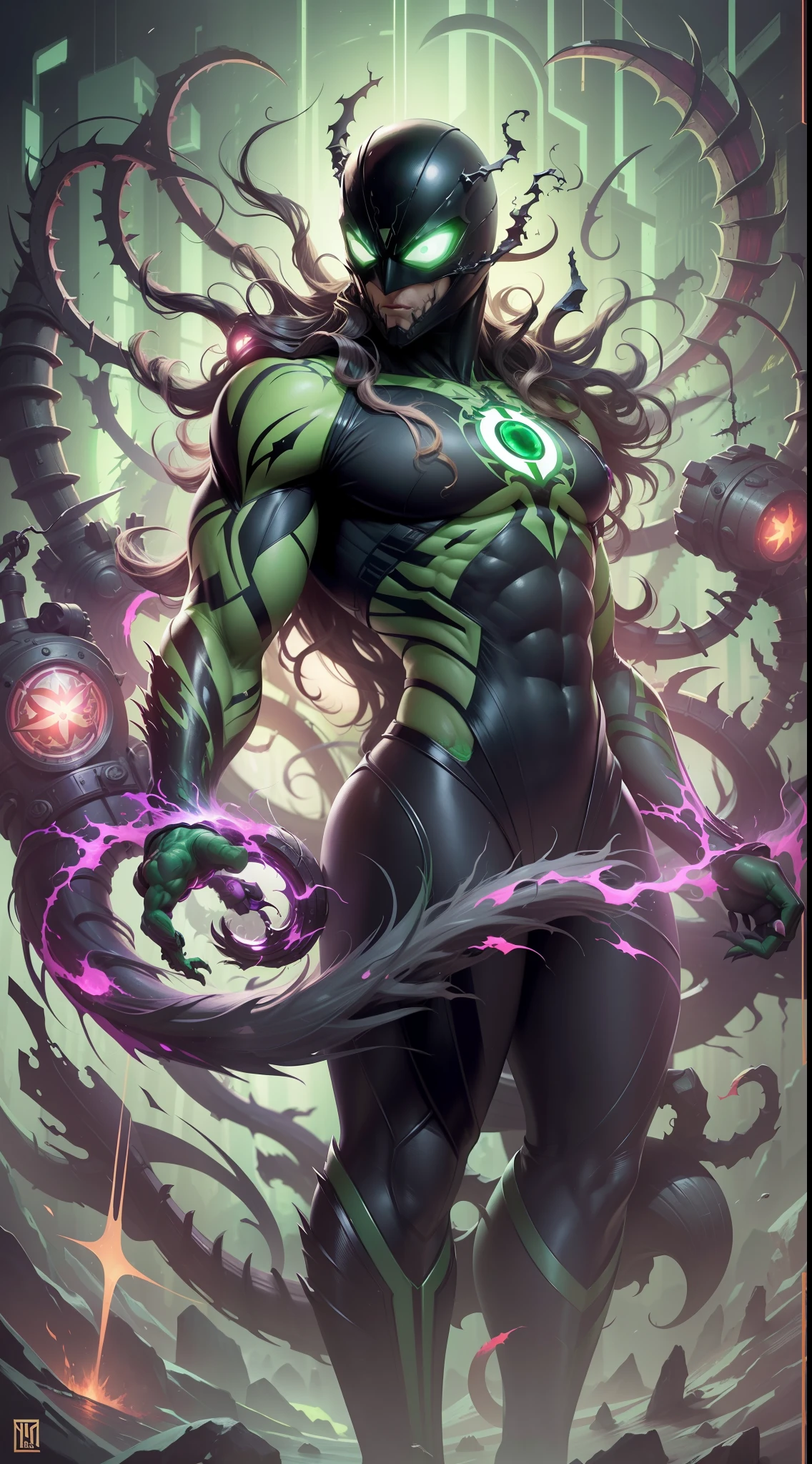 poster,((obra maestra impresionante)), (Ultra resolution 8K), Striking illustration of Venom symbiote fused with green lantern Hal Jordan, poderosa mezcla, Green Lantern and Venom Epica Original Combination, linterna verde vestido del simbionte Venom, obra maestra sin antecedentes,Traje Cyberpunk,Symbiotic wings, Ring that forms symbiotic weapons, Illustration by Hetera, dark ilumination, Spectral illumination