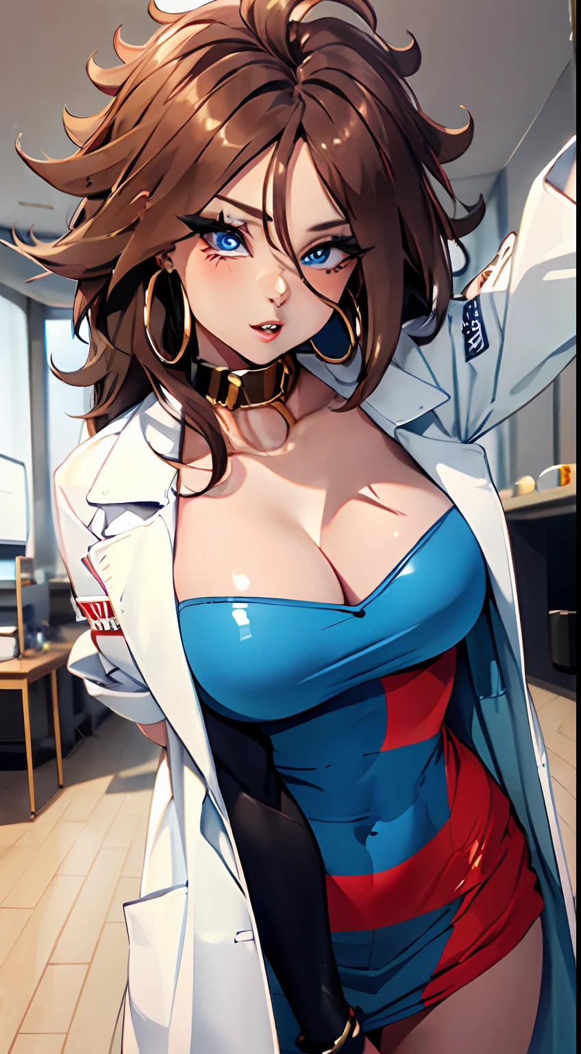 fisheye POV perspective, upper body photo of a tall beautiful girl, huge eyes, dark sci-fi hallway in the background, perfect body, collar bone, skinny, toned figure, smooth matte skin, round boobs, shiny full lips, shiny nose, makeup, white lab coat, android21, long white hair, ((red and blue tank top under the lab coat)), golden hoop earrings