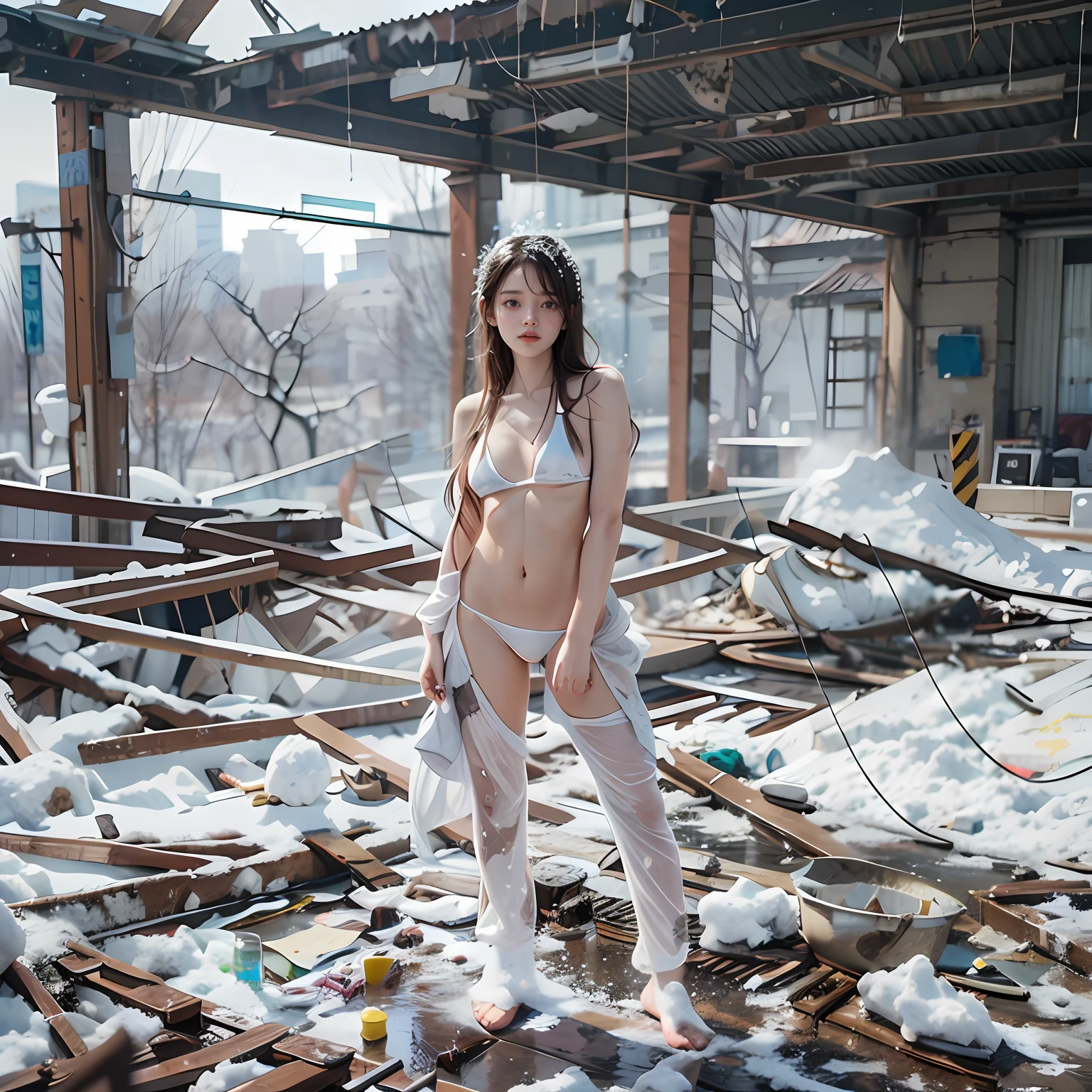 Abandoned construction sites，nevando，Thick snow，Sexy standing pose，White transparent bikini，Exposing the genitals ，Garbage all over the ground，Dilapidated，Devastated，best qualtiy，full-body portraits（1：1），18 years old girls，lean and slender body，Skinny，Smaller bust，The barefoot，Leaky ，Leakage of all breasts，Naked all over the body，facing to audience