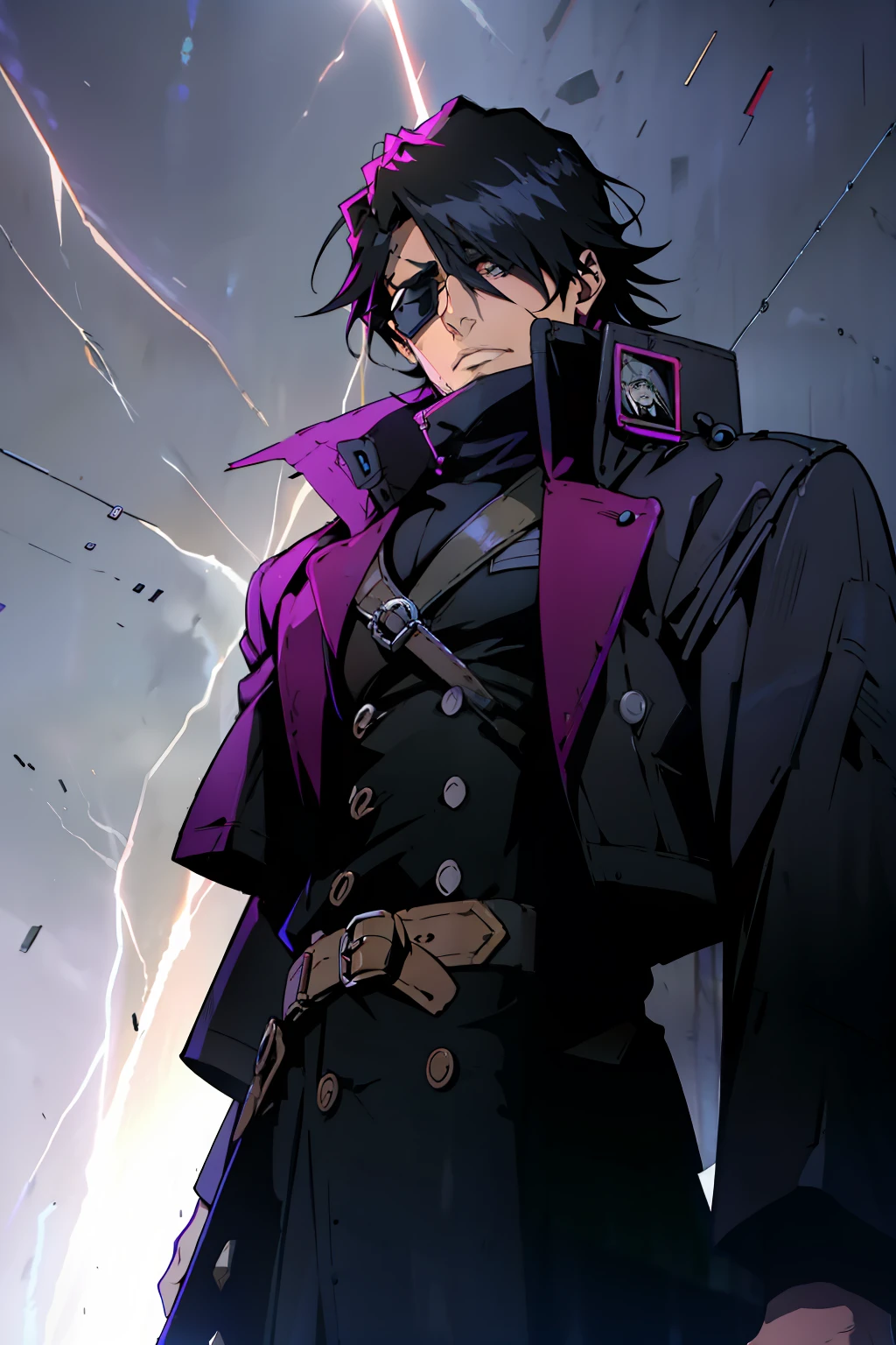 a guy wearing a black overcoat, short black hair, eye patch on left eye, thunder aura