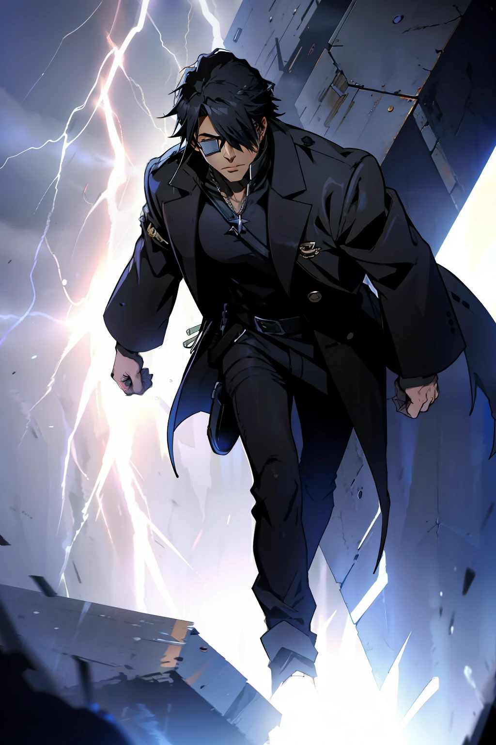 a guy wearing a black overcoat, short black hair, eye patch on left eye, thunder aura