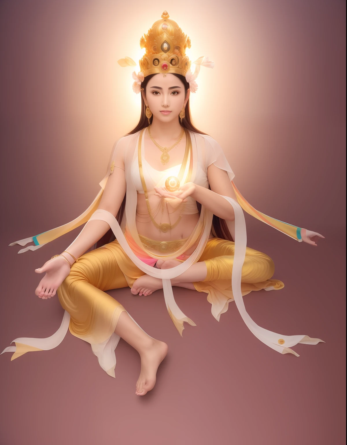 There is a beautiful goddess in the void,Young teenage girl,long eyebrow,Beautiful eyes sparkle,二重まぶた,Plump and rosy lips,The lower jaw is rounded,Fair skin is delicate and smooth,Radiant skin,A delicate and ornate crown,inlaid gemstones,choker necklace,Yingluo,Fair and delicate skin,bangle,ankle bracelets,Sit on the platform,(((Hold the sphere with one hand))),(Extend the other hand five fingers from the palm of your hand),white skinned,(((Correct body structure))),White soft tulle garment,Blue silk dress,Streamers,Blue sky,flowing clouds,fresh flowers,(((nice hand))),(((Good feet))),(((good legs))),realisticlying,white skinned,no-bra,Streamers flutter in the wind,Kim In-ro belt,with blue sky and white clouds,Clean skies,Head background with round light,Behind him is a faint rainbow circle,Front lighting,No shadows on the face,Unreal space,ethereal world,dreamworld,tmasterpiece,4K,ultra-definition,professional photoshooting,