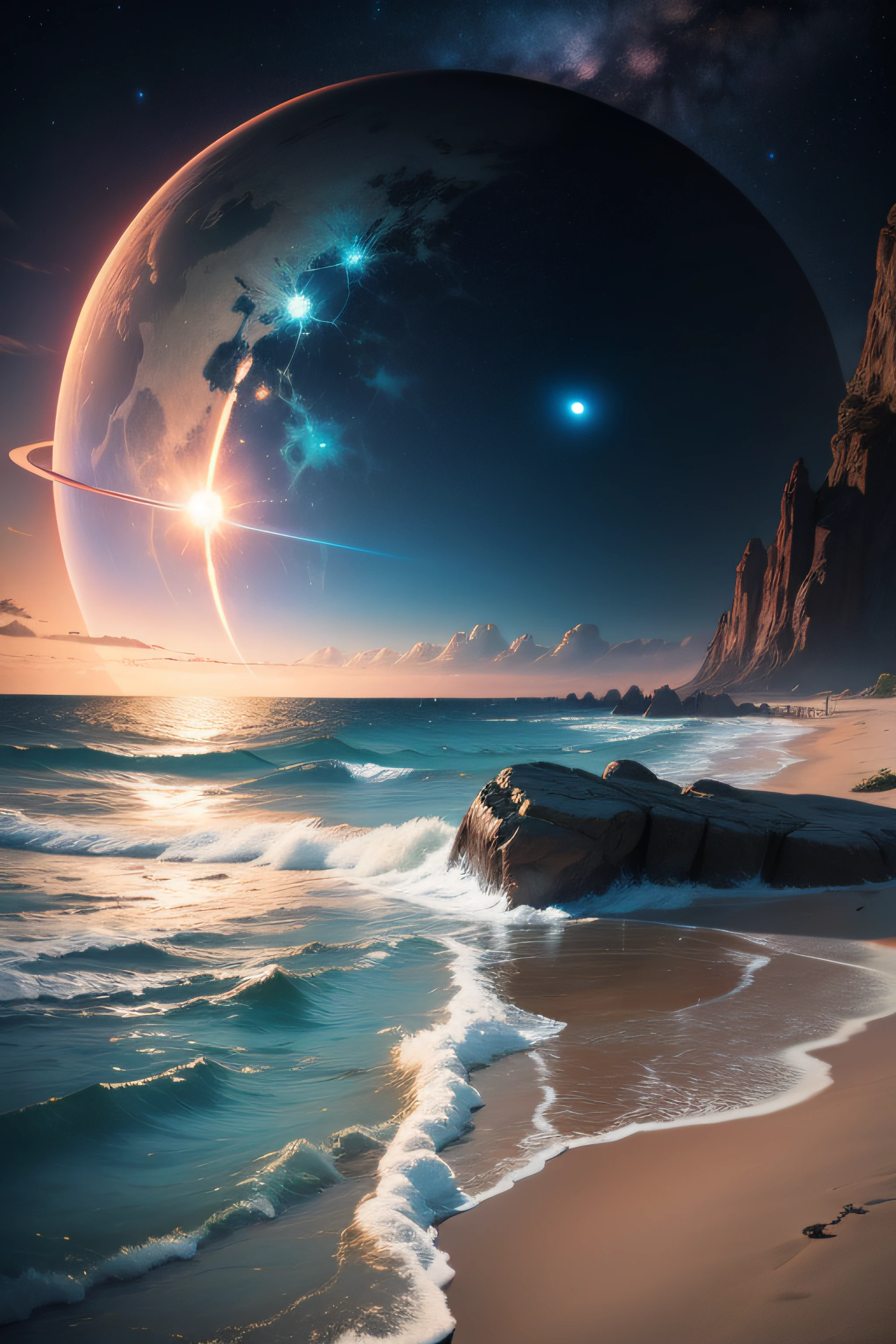 realistic sci-fi beach with planets in the sky