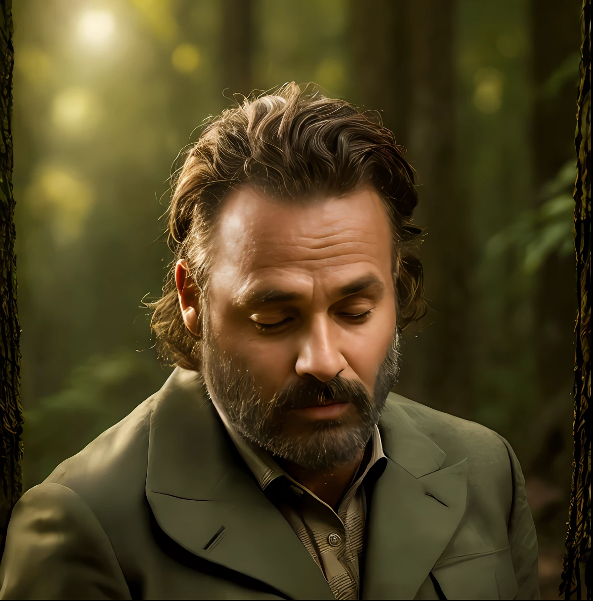 (Award Winning Photo:1.3) of facial camera, a man 45 yo, in forest, commoner cloth Highly Detailed,(close portrait:1.3),(Masculine:1.4),attractive,handsome,calendar pose,perfectly detailed eyes,studio lighting,thematic background
