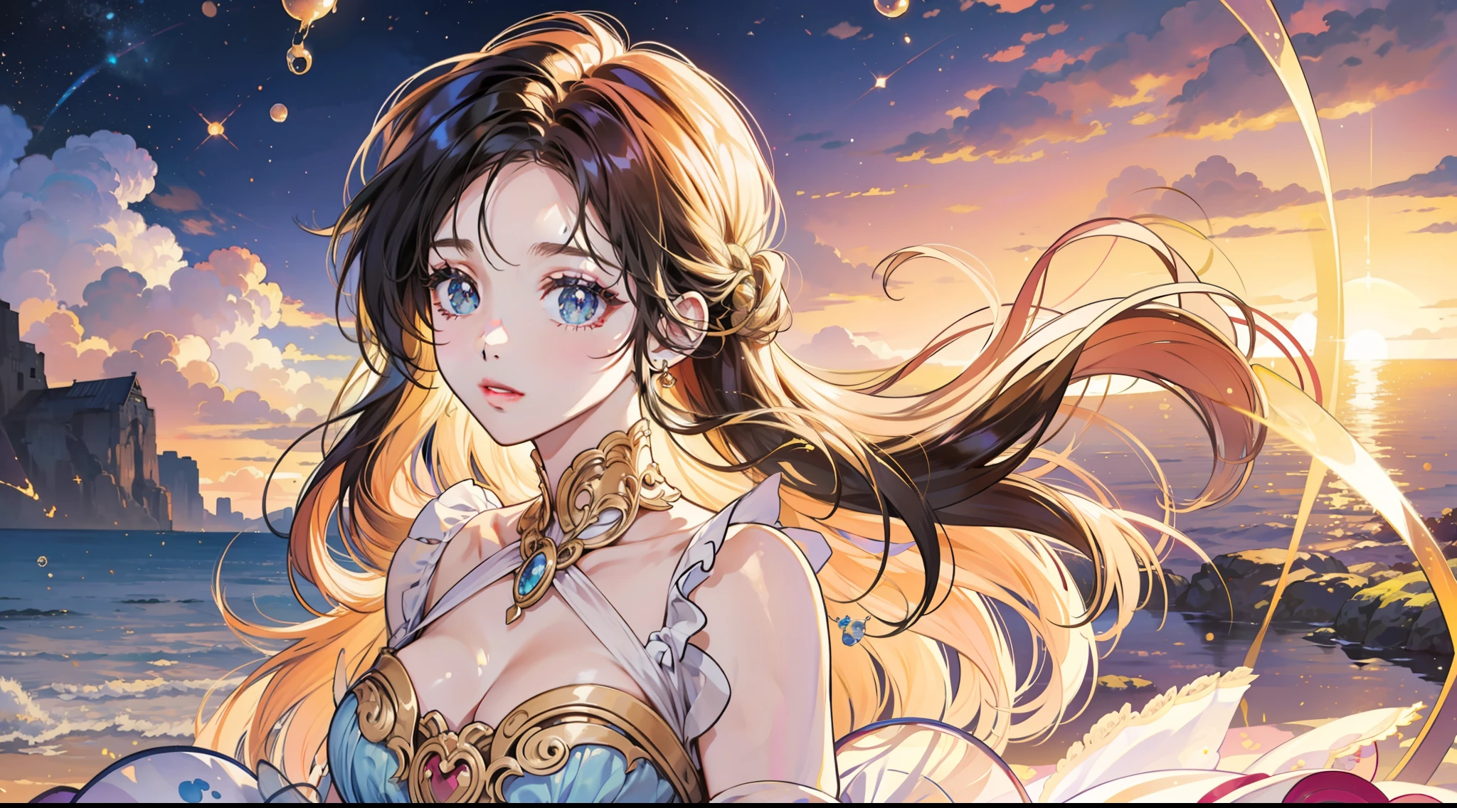 masterpiece, best quality, 8k resolution, sharp focus, intricate detail, beautiful girl, sparkling eyes, golden ratio face, otherworldly liquid, watercolor, sunset colors, bright colors, whimsical, colorful, sharp focus, high resolution, fine detail, liquid ballgown, ((round eyes)), iridescent bubbles