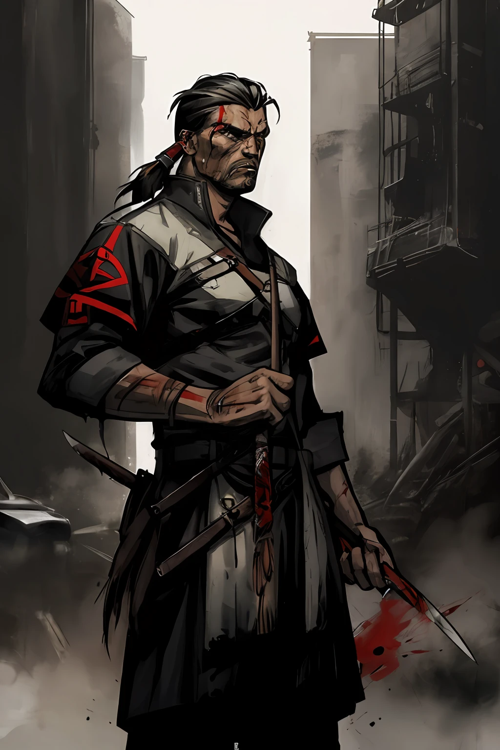"A badass Native American man wielding two tomahawks in a futuristic assassin gear, standing against an intense action-filled background with a touch of blood and showcasing his skills as a ruthless butcher assassin and scout."