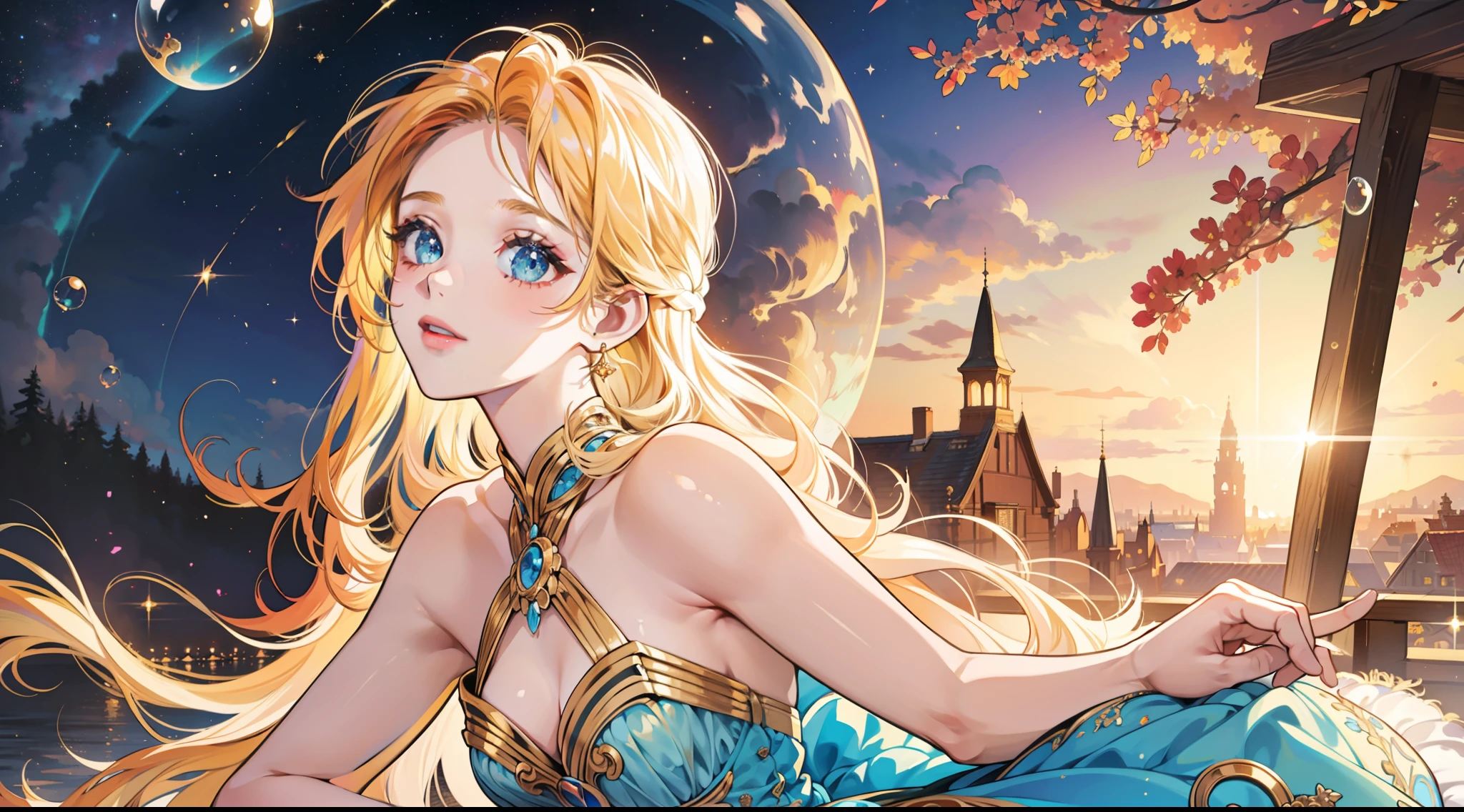 masterpiece, best quality, 8k resolution, sharp focus, intricate detail, beautiful girl, sparkling eyes, golden ratio face, otherworldly liquid, watercolor, sunset colors, bright colors, whimsical, colorful, sharp focus, high resolution, fine detail, liquid ballgown, ((round eyes)), iridescent bubbles
