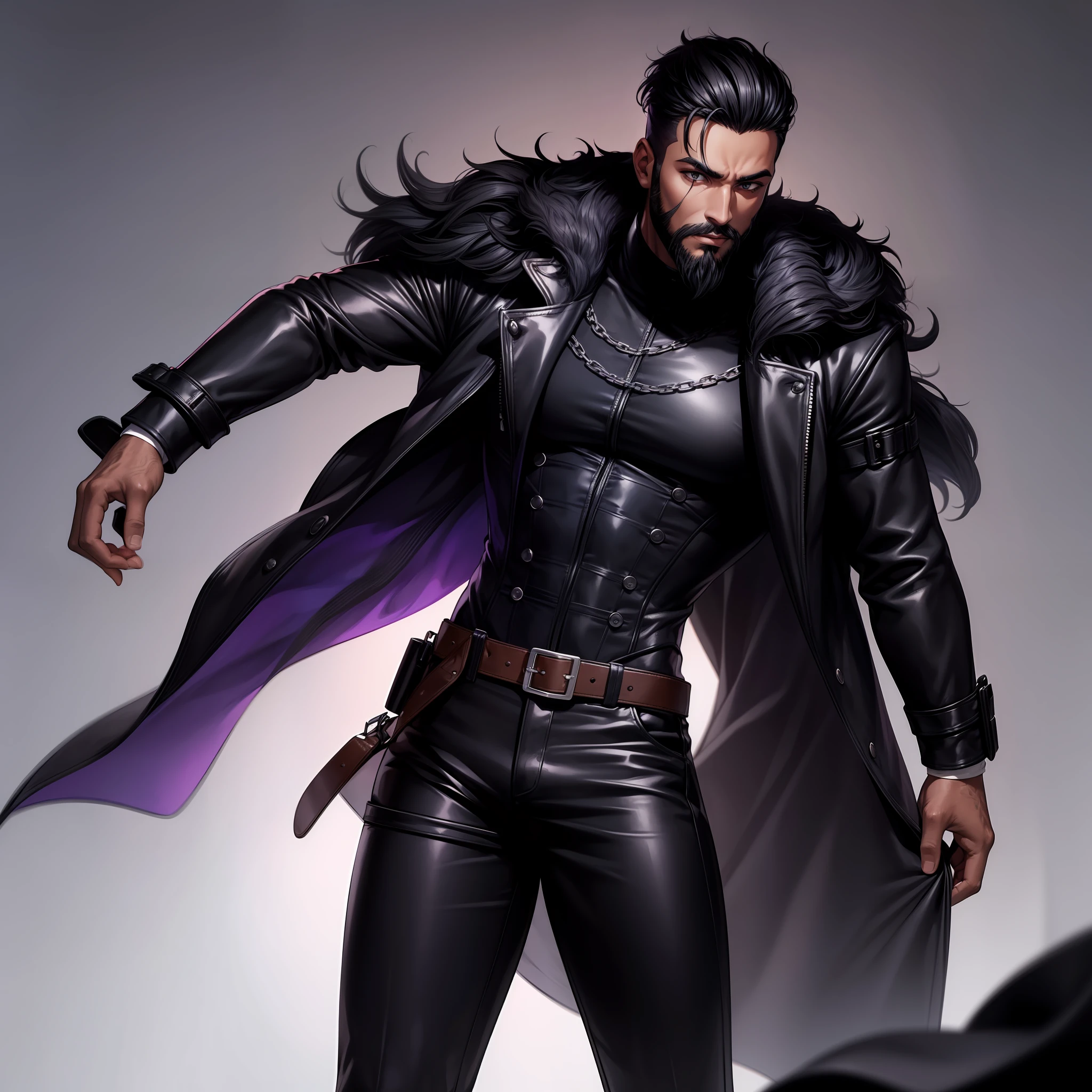 man with dark skin tone, with short ink-black hair, with black eyes, with a beard, in a dark purple long coat, in black leather tight trousers