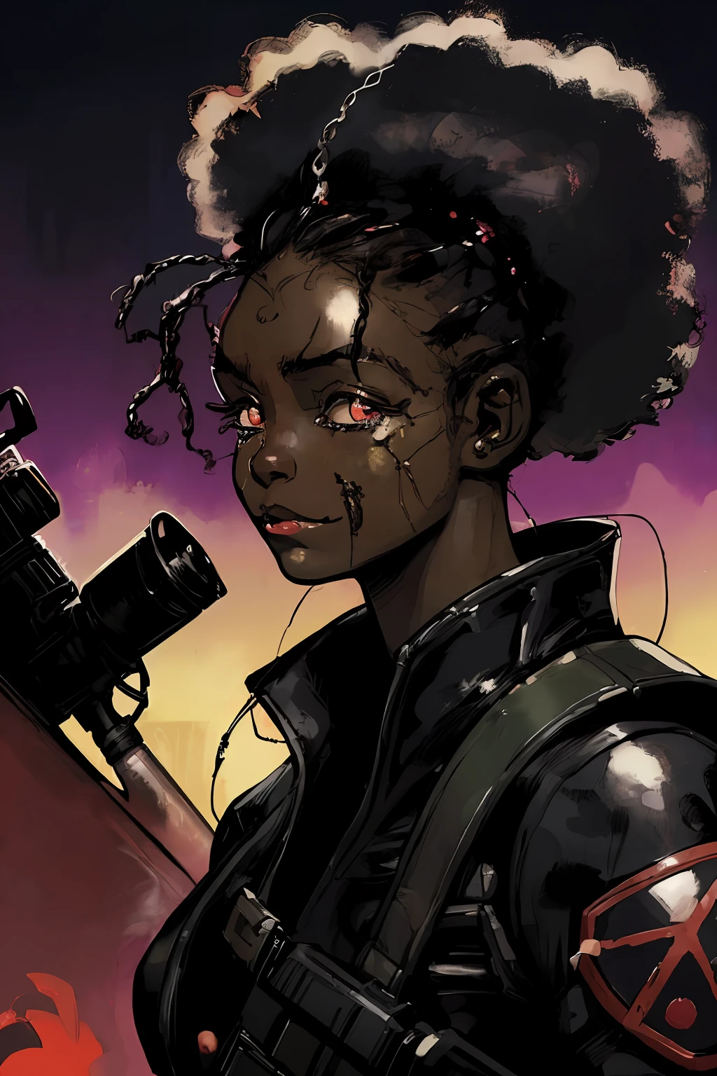 portrait of 1 black (childtle girgger happy, afro pig tails, full apocalyptic gear, intense action background, rocket launcher, happy expression,
futuristic, detailed, ( methurlant)
dark, dim light, gritty, comic, y2k animation, hq, intricate detail, high quality, smooth,
(masterpiece, best quality:1.3),