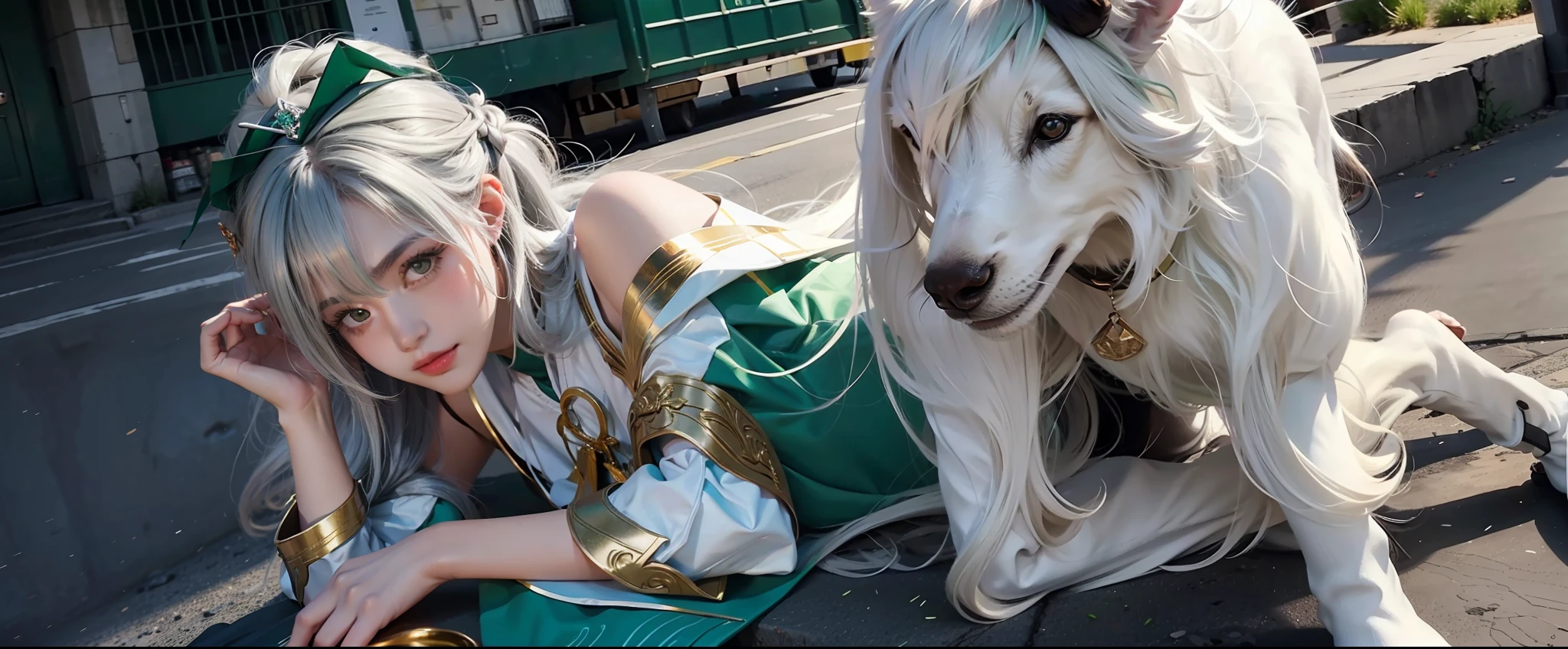 Kizi,exteriors,silber hair,sheepdog,green color,cinematric light,chase