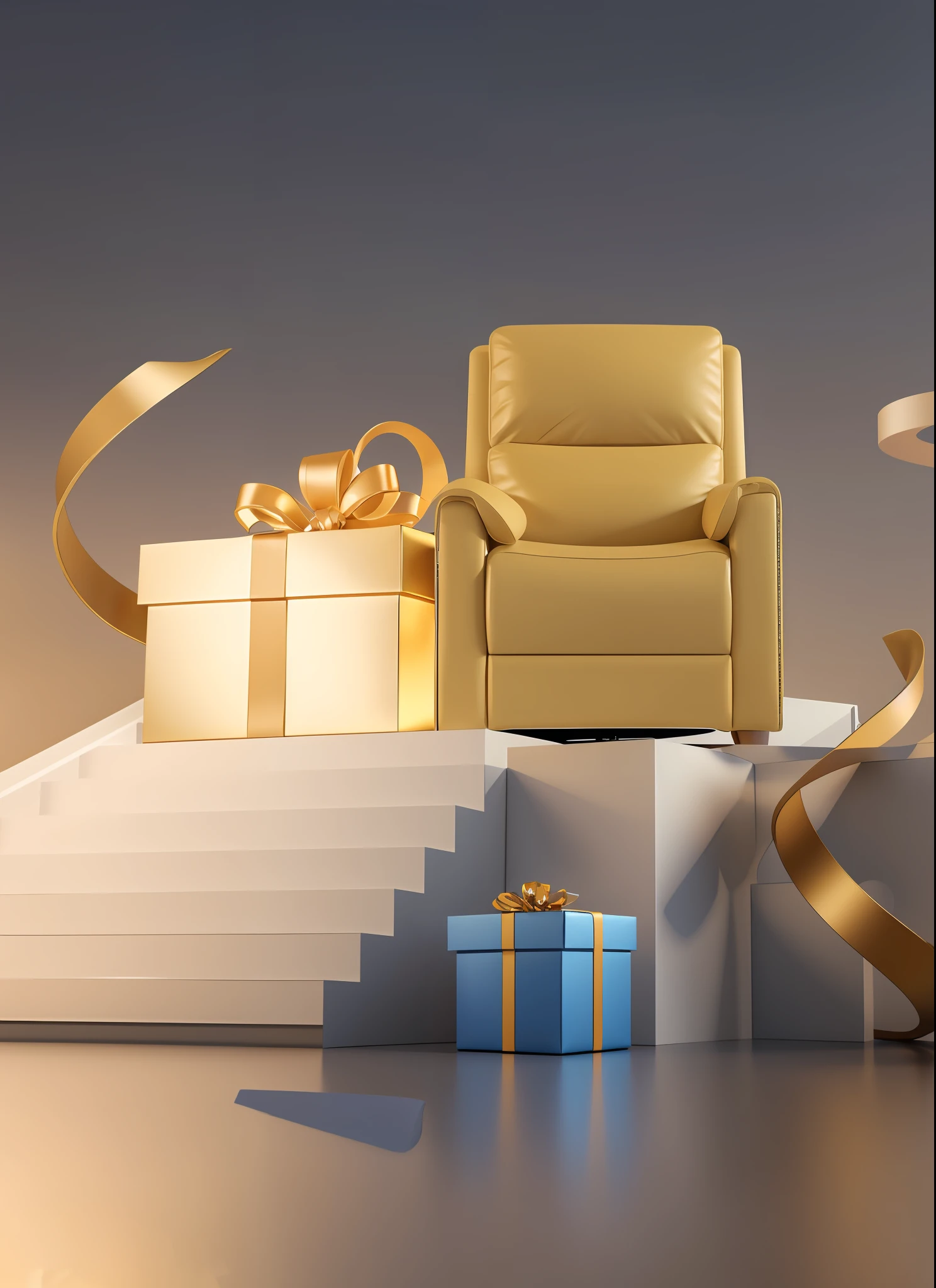 There is a gift box and a leather side chair on stage 3D product rendering, luxury hd render, Product rendering, in style of 3d render, luxury advertisement, Leather side chair,realistic cinema 4 d render, product design render, 3d product, award winning 3d render, cinema4d render, cinema 4 d render, cinema 4d render