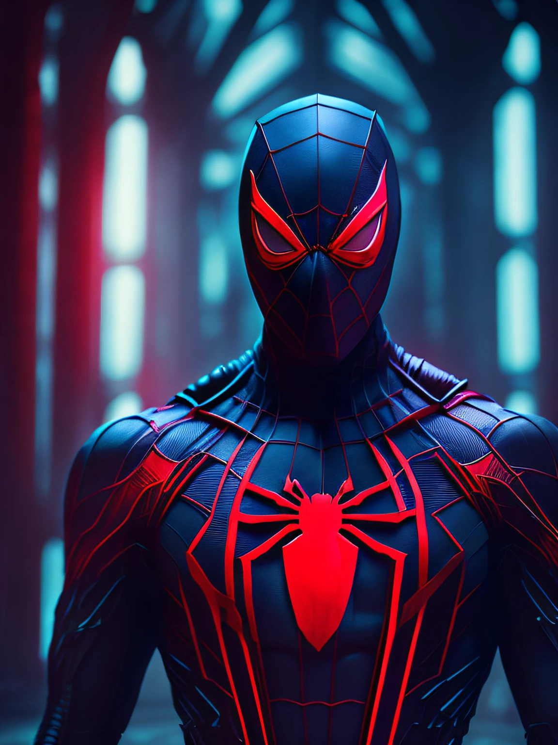 gloomy portrait of Bloody Spider-Man from Marvel with intricate angular cybernetic implants inside a brutalist building, gothic brutalist cathedral, cyberpunk, award-winning photo, bokeh, neon lights, cybernetic limb