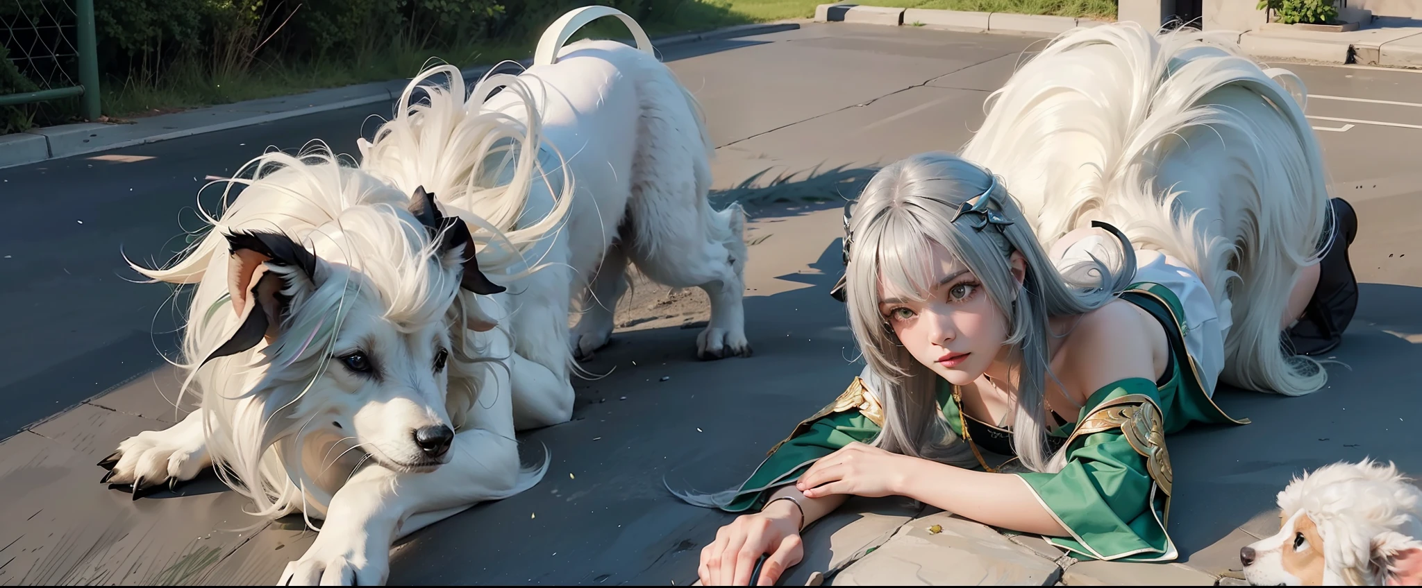 Kizi,exteriors,silber hair,sheepdog,green color,cinematric light,chase