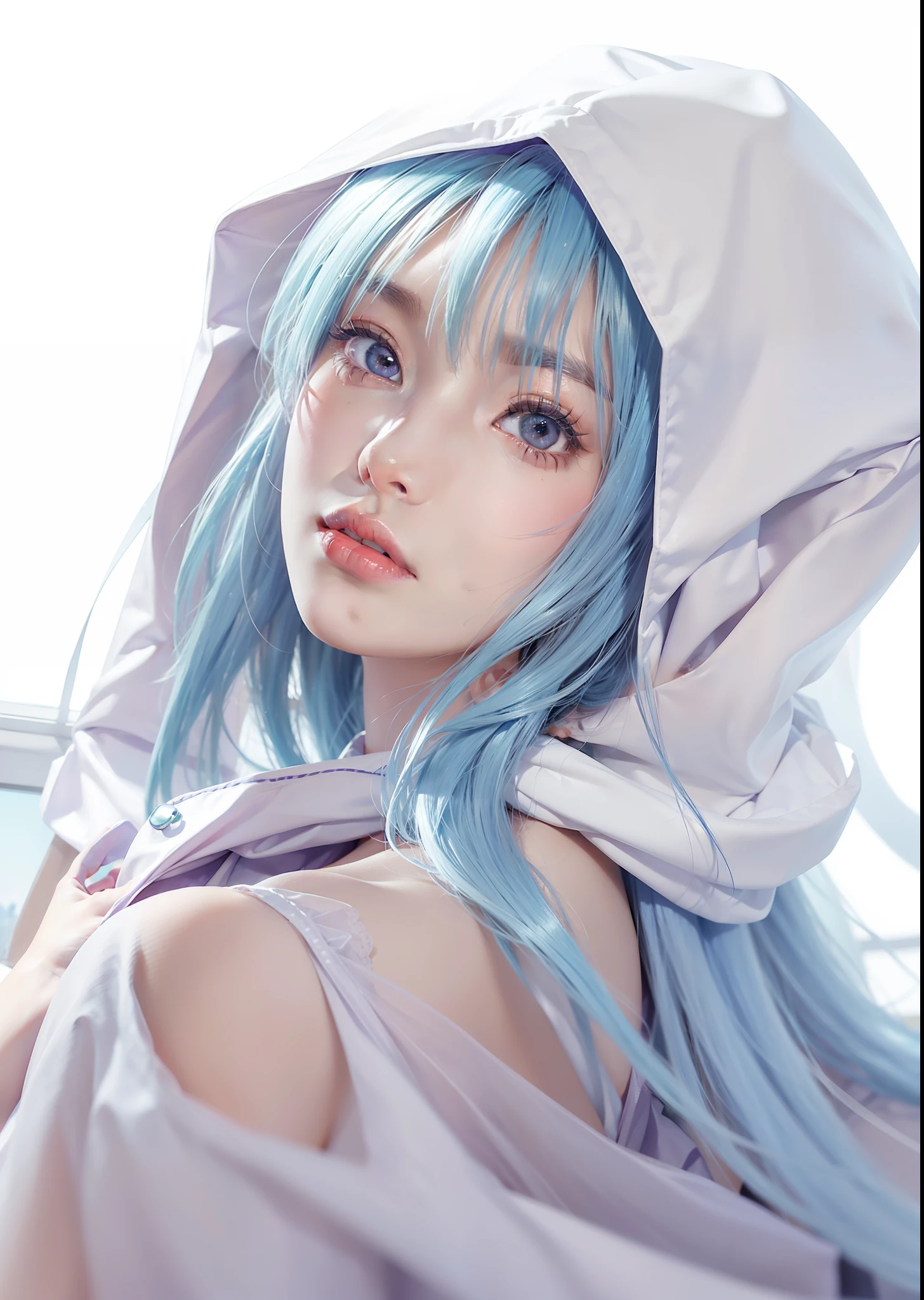 Masterpiece, 1 beautiful girl, detailed eyes, swollen eyes, top quality, super high res, (Reality: 1.4), cinematic lighting, Japanese, Asian beauty, Korean, very beautiful, beautiful skin, slender, body facing forward, (super realistic), (high res), (8K), (very detailed), ( Best Illustration), (beautifully detailed eyes), (super detailed), (wallpaper), detailed face, bright lighting, professional lighting, looking at viewer, facing straight ahead, neat clothes, short hair, blue hair, pureerosfaceace_v1, 46 point slanted bangs, hotel room with morning sun in the background, window The background is a hotel room with the morning sun shining through the window, a clear ocean outside, and an angle from the waist up, purple eyes