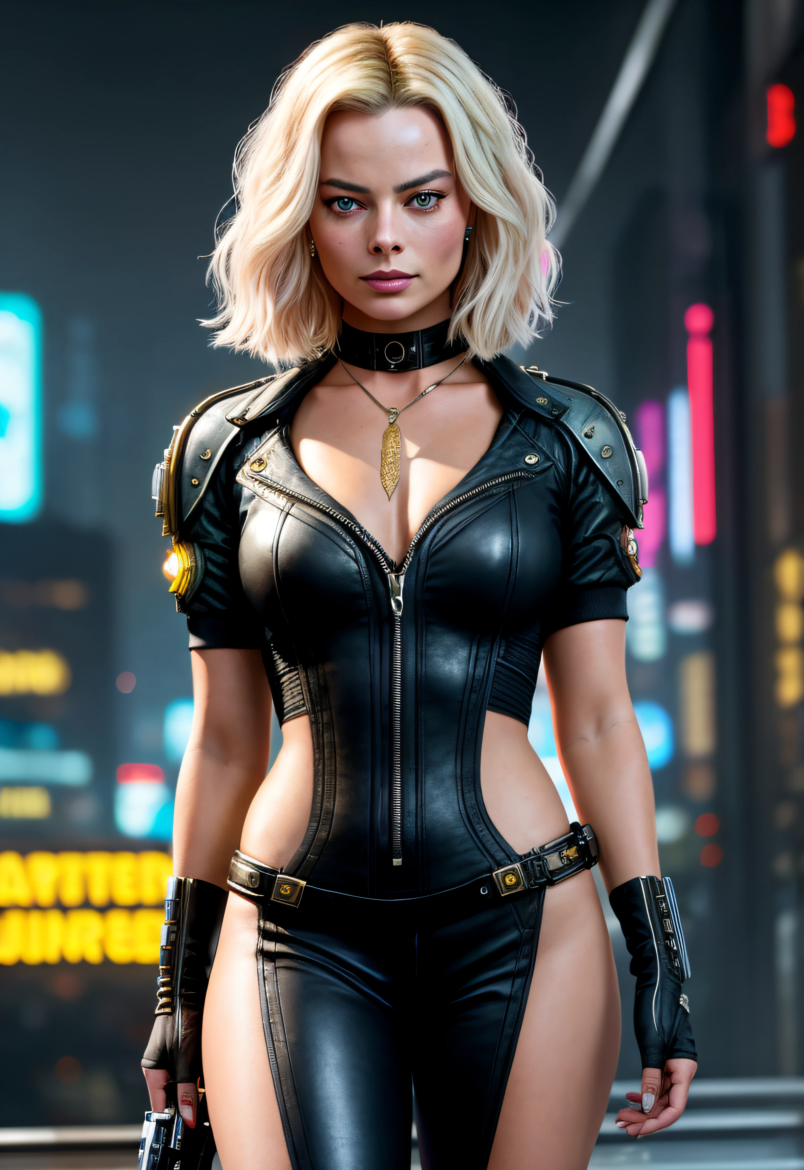 a painting of a Margot Elise Robbie, background, style of cyberpunk 2077, band of gold round his neck