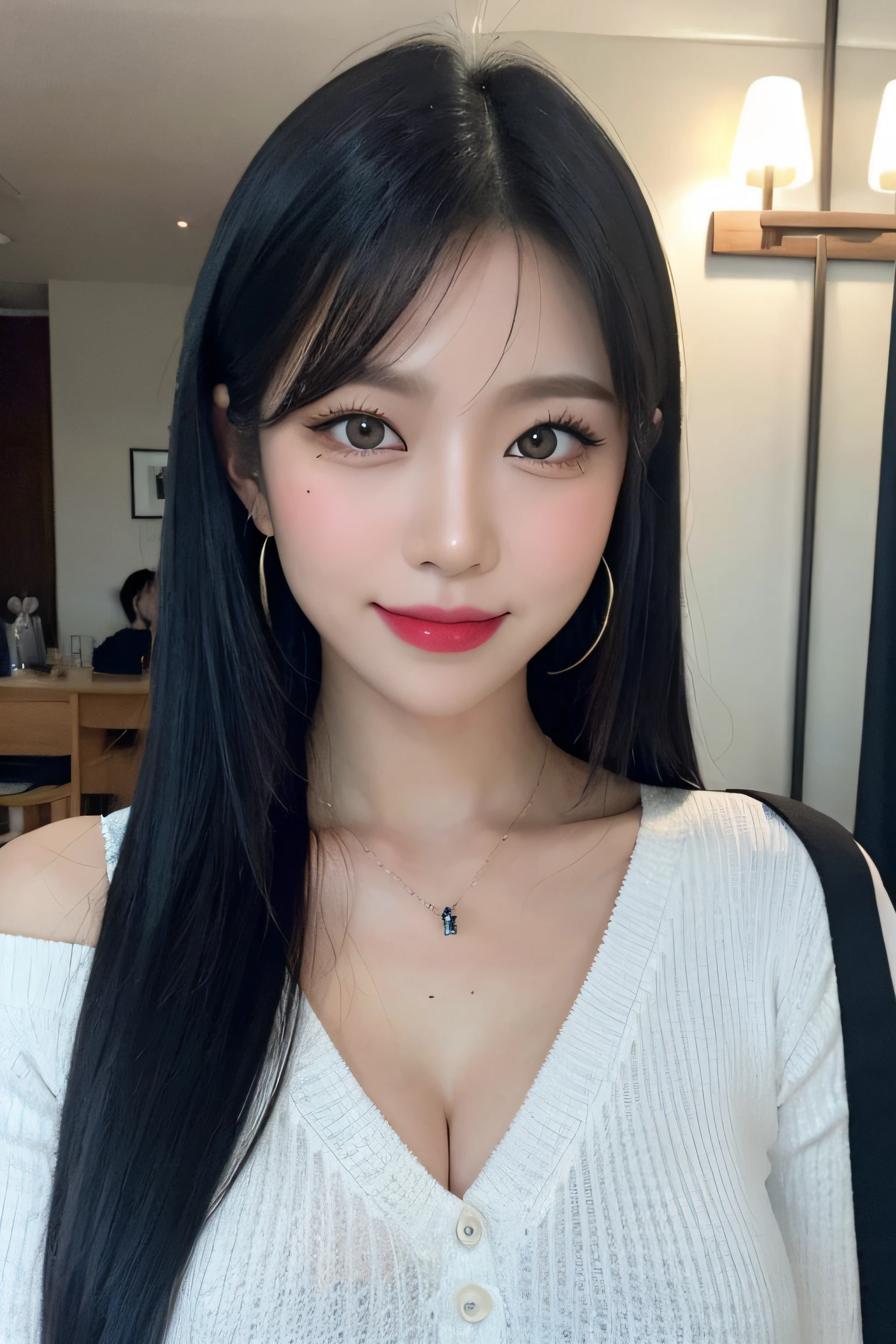 black hair, hair bobbles, longeyelashes, solid circle eyes, light smile, mole under eye, heart earrings, light smile, shy, puckered lips, Surrealism, drop shadow, stereogram, pov, atmospheric perspective, depth of field, first-person view, f/1.8, 8k, super detail, ccurate, best quality, highres, best quality,full body